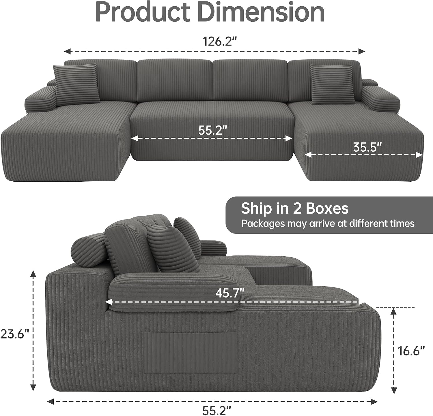 126" Oversized Cloud Couch, U-Shaped Boneless Sectional with Deep Seat Gray | Deep Seat Modular Sofa, Corduroy Boneless Sofa with Chaise, No Assembly Required