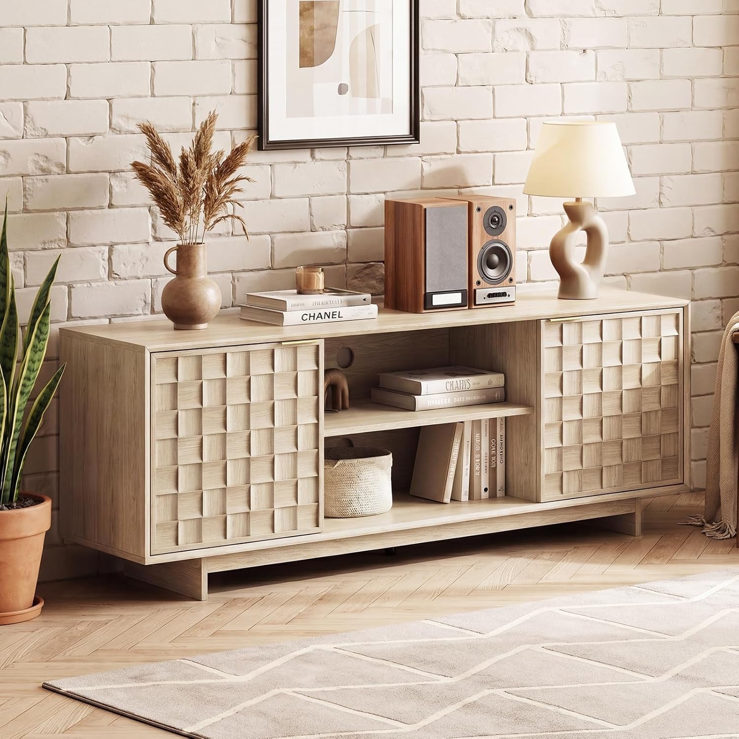 Sunwashed Oak TV Stand for 65 Inch TV, Modern Japandi Entertainment Center with 45° Slim Frame, 59" Scandinavian TV Console Table with Embossed Doors, Media Storage Cabinet, Light Wood Color