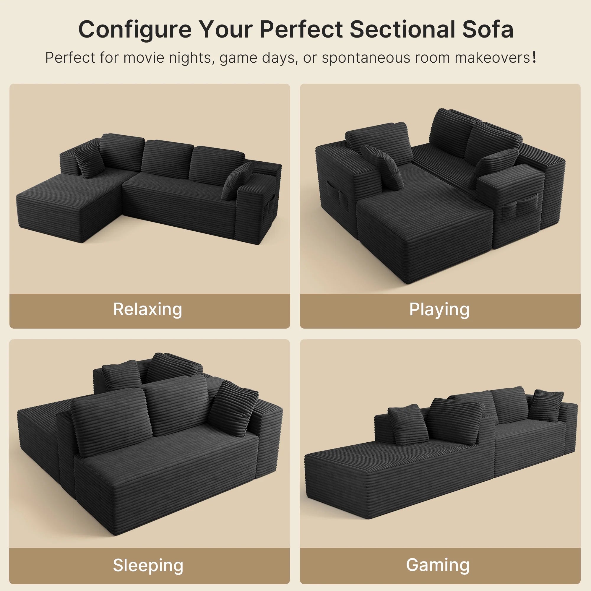 Sofa,  105" L-Shaped Sectional Couch for Living Room, High-Resilience Foam & Premium Corduroy Fabric, Free Assembly, Black