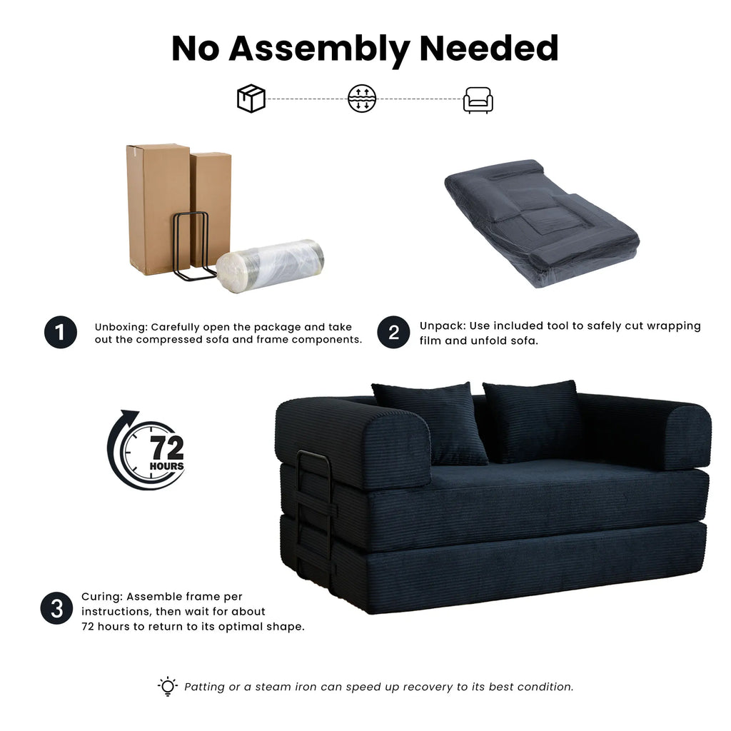 59" Boneless Folding Convertible Sofa Bed, Small 2-Seater Corduroy Futon Floor Couch with Pull Out Sleeper, No Assembly Boneless Loveseat for Living Room