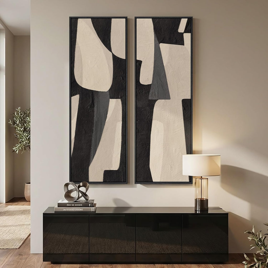 Framed Black Beige Abstract Long Vertical Wall Art for Living Room, 2 Piece | Long Narrow, Oversized, Canvas Prints, Abstract Pictures, Vertical, Modern Artwork, Black and Beige, Hallway Wall Decor