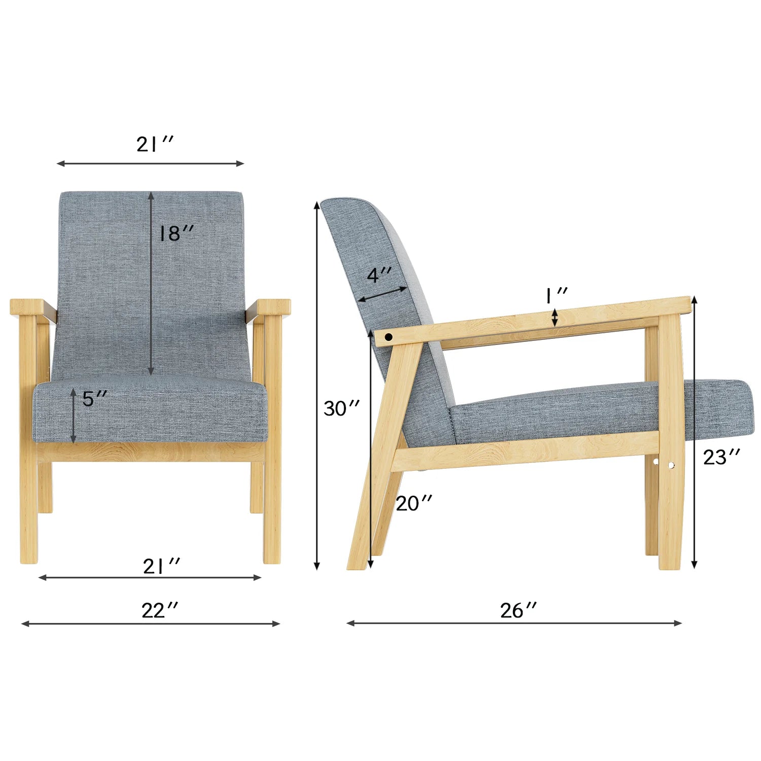 Modern Arm Chair Linen Fabric Upholstered Accent Chair with Solid Wood Frame Gray