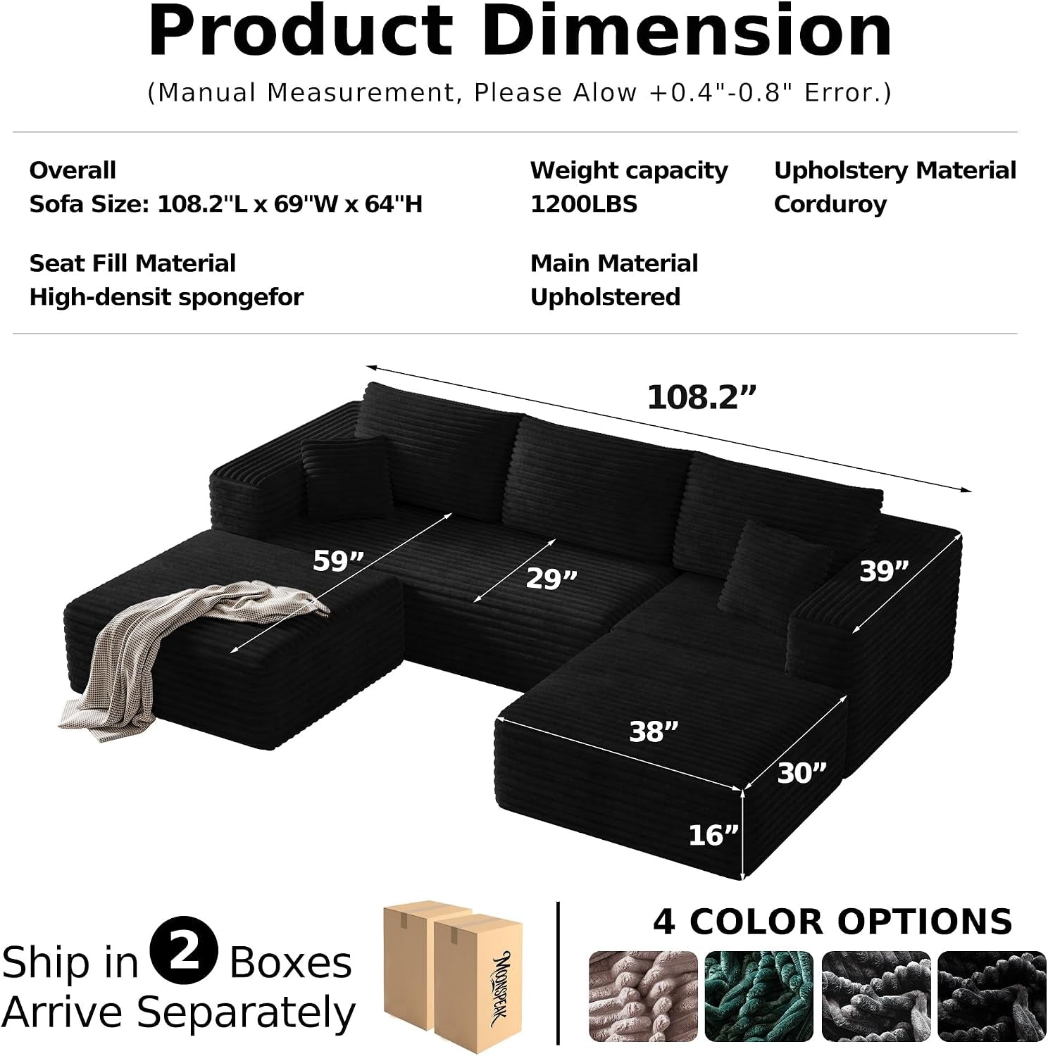 108" Boneless Sectional Cloud Couch for Living Room | U Shaped Sofa, Deep Seat, 2 Ottomans, Soft Corduroy Couches, No Assembly, Moudalr Couch in a Box (Black)