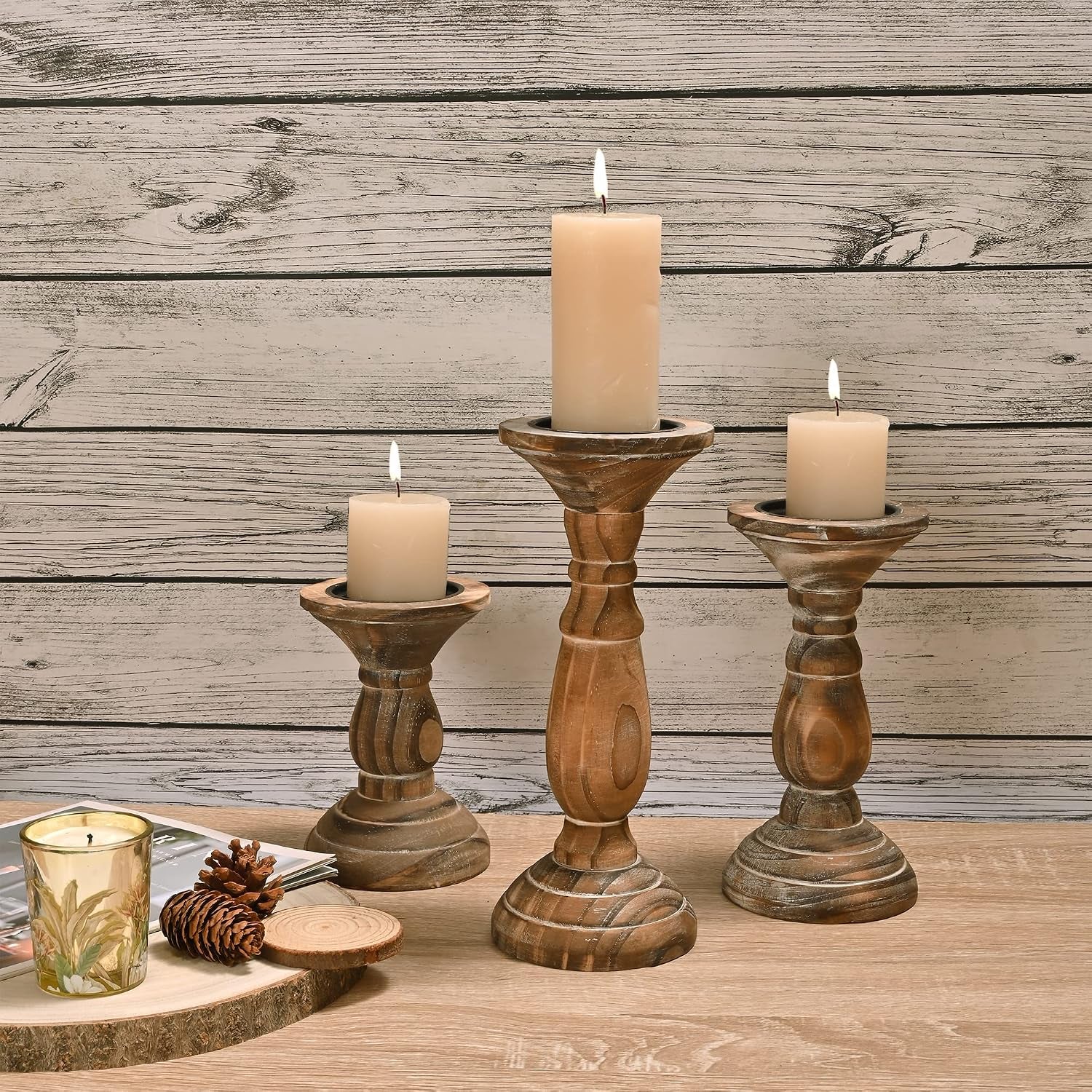 Pillar Candle Holder Set of 3, Brown Farmhouse Decor Living Room | Tall Candle Holders for Pillar Candles, Wood Candle Holders for Table Centerpieces Home Decor Kitchen Dining Room Table Decor