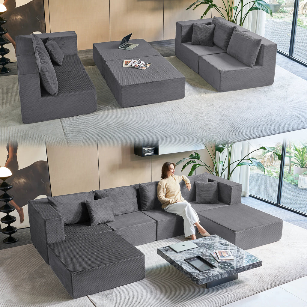 140" Modular Sectional Sofa Couches Corduroy Sleeper Deep Seat Sofa Bed, Comfy Cloud Couch for Living Room Floor Sofa, 6 Piece F