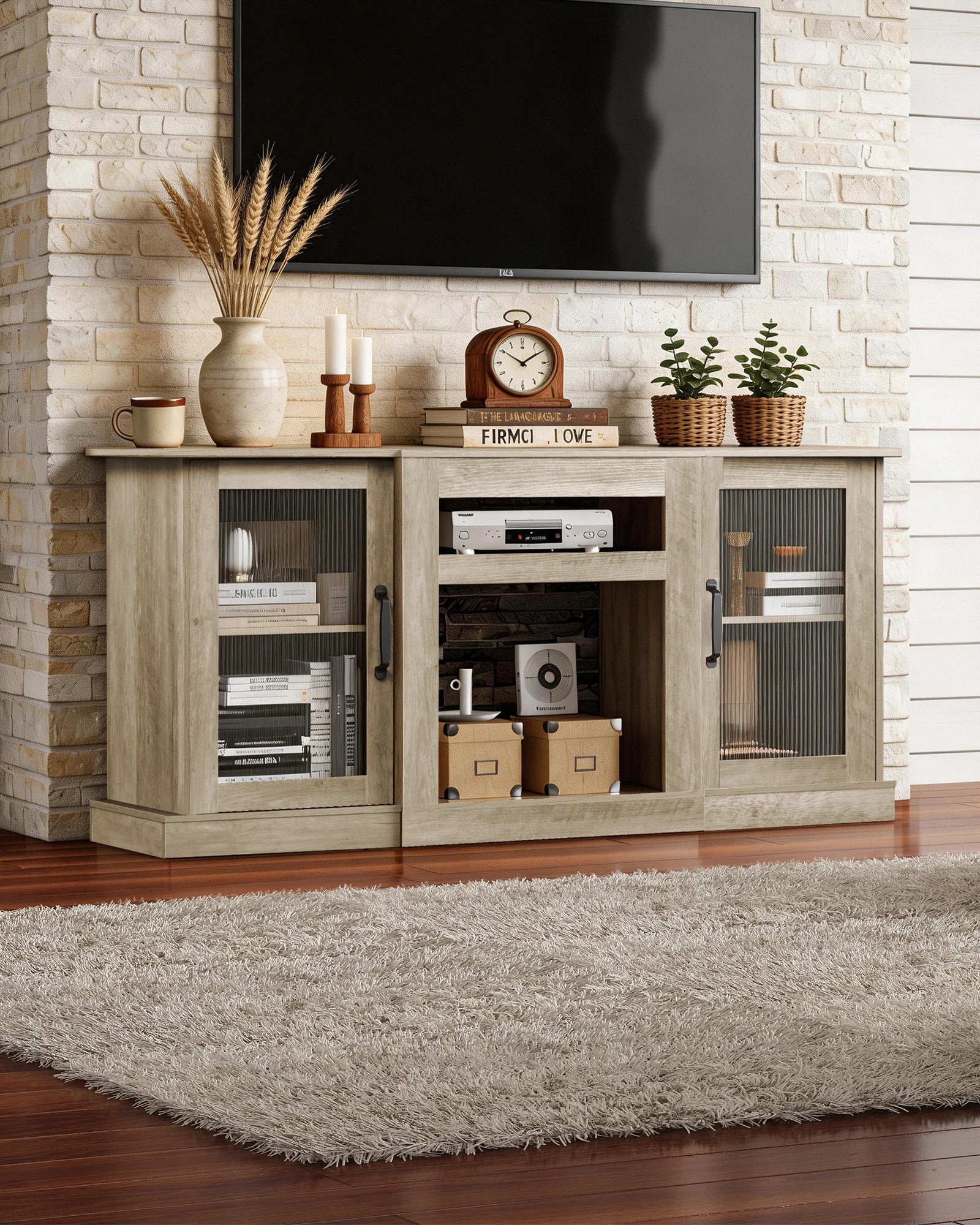 58" Farmhouse TV Stand for 65 Inch TV, Tall Entertainment Center with Storage Cabinets & Adjustable Shelves, Modern Media Console Table with Acrylic Doors for Living Room Bedroom