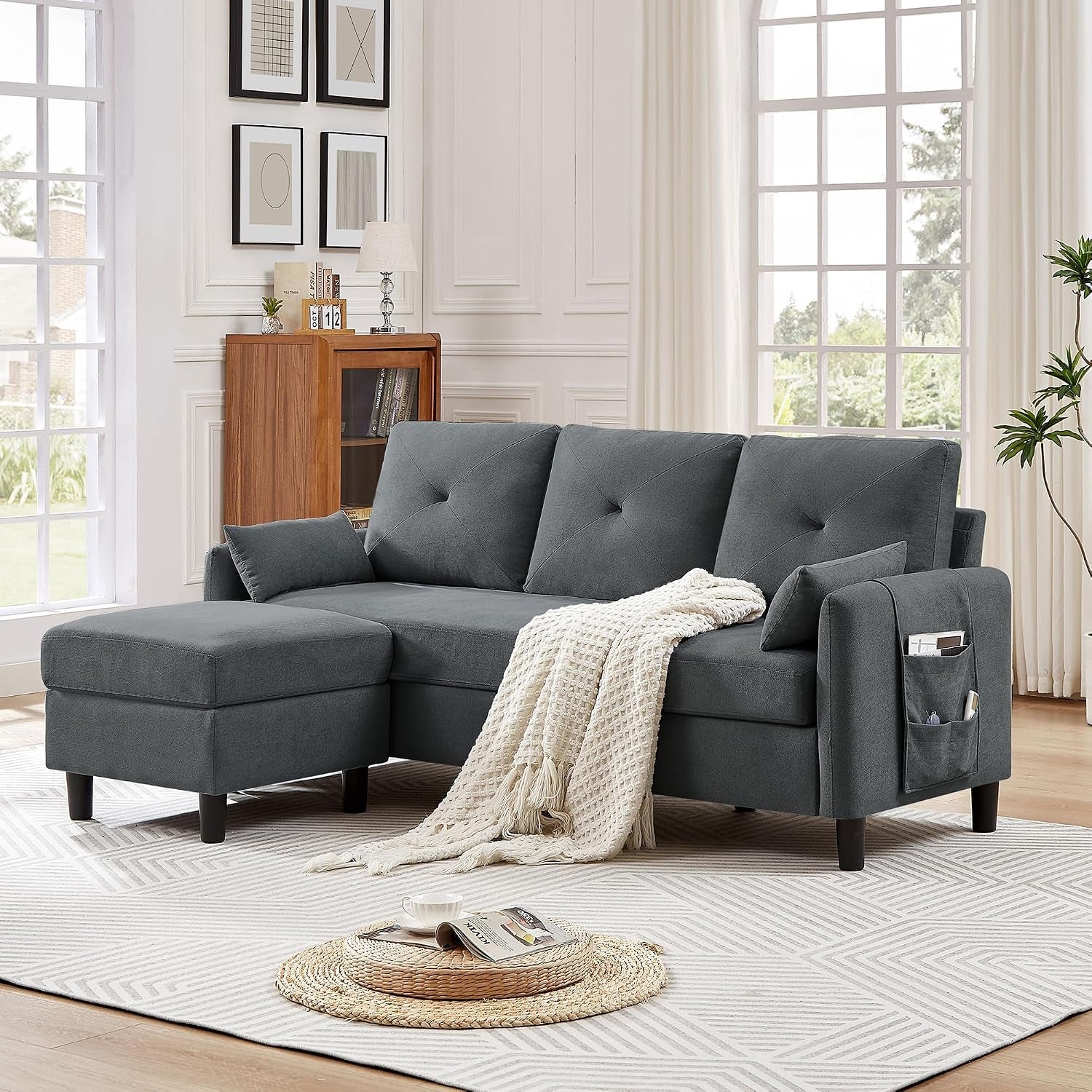 Convertible Sectional Sofa, Small L Shaped 3 Seat Couch with Reversible Storage Chaise, Modern Polyester Fabric Sofa Couches for Living Room, Apartment and Small Space, Dark Grey