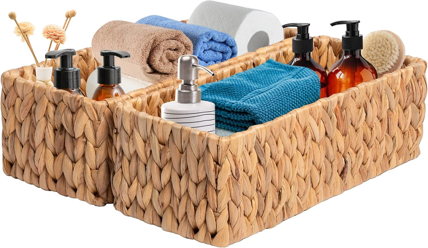 Hand-Woven Storage Baskets, Decorative Water Hyacinth Wicker Baskets for Paper Towel Organizing, 14.9"L X 6.3"W X 4.7"H, 2-Pack