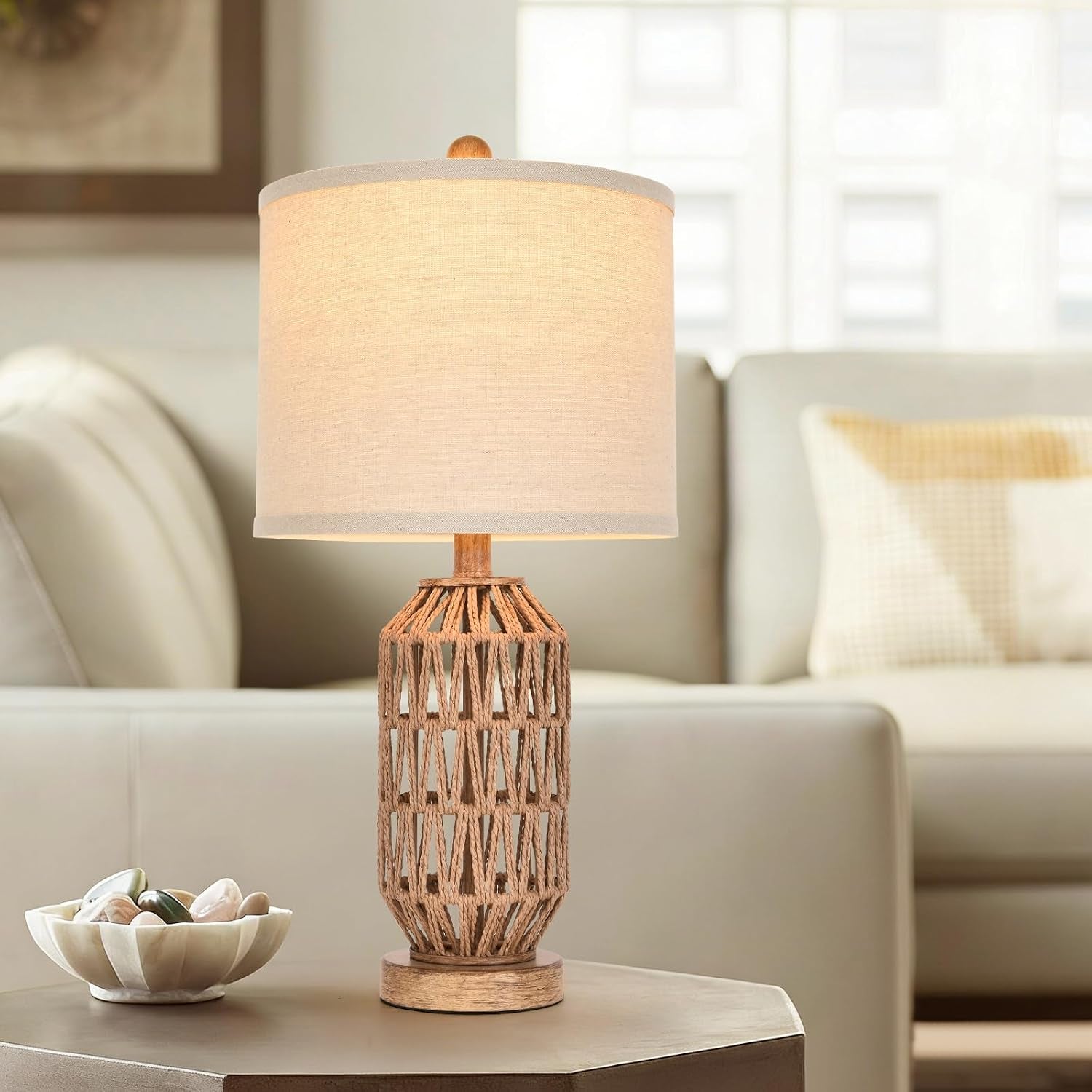 22.5” Rattan Table Lamp Set of 2, Woven Boho Lamp for Bedroom Living Room, 11X11X9 Fabric Drum Shade, E26 Base (Max 60W), Stable Wood Base for Nightstand Console