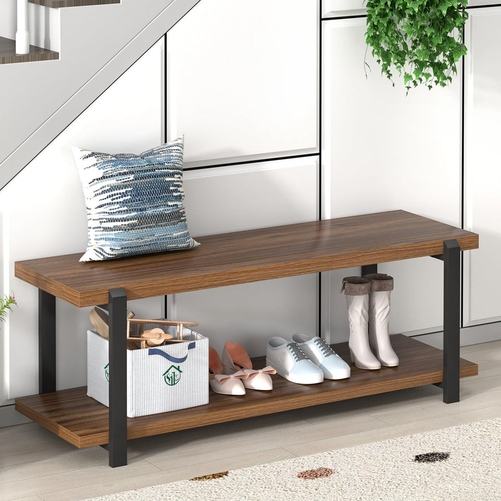 Entryway Bench with Shoe Storage, Modern End of Bed Bench, Wood and Metal Entry Bench for Hallway Front Door Entrance, Industrial Indoor Bench for Bedroom Living Room, Rustic Walnut, 47 Inch