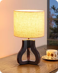 14.6" Small Table Lamp, Walnut Wood Nightstand Lamp, E26 Base | Beige Linen Shade, On-Off Line Switch, Tripod Base, Cute Bedside Lamp for Living Room, Bedroom, Office