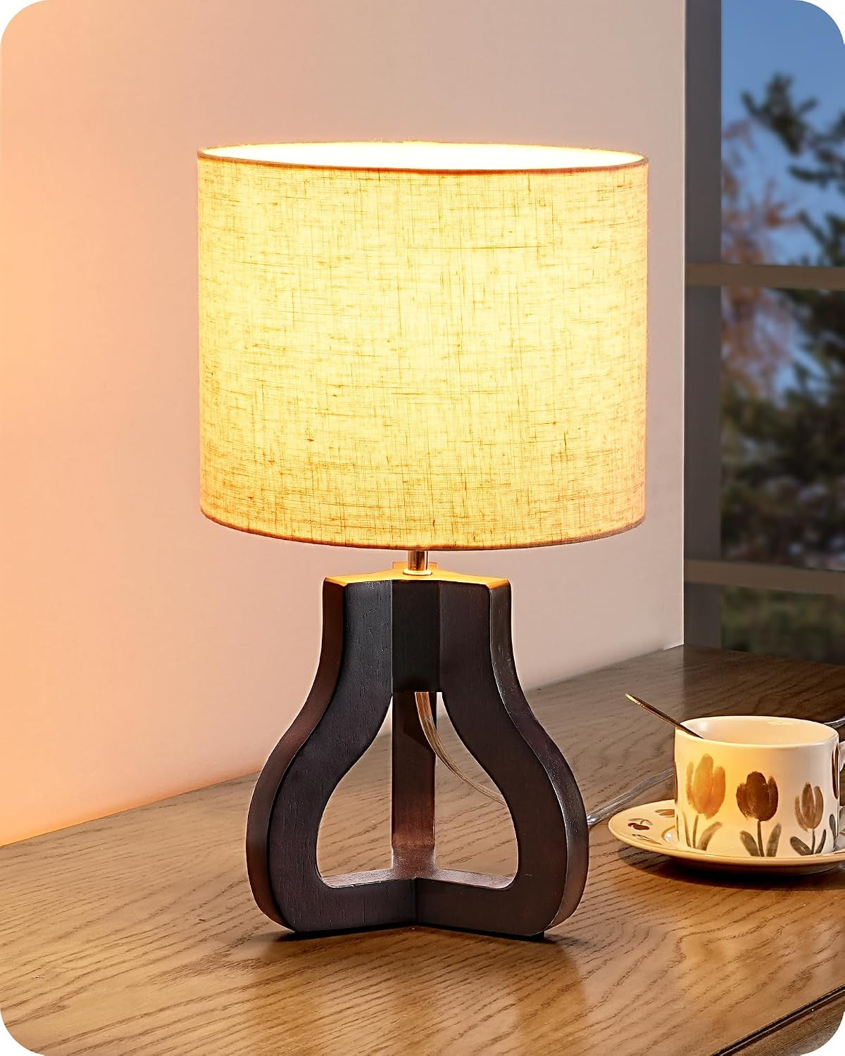 14.6" Small Table Lamp, Walnut Wood Nightstand Lamp, E26 Base | Beige Linen Shade, On-Off Line Switch, Tripod Base, Cute Bedside Lamp for Living Room, Bedroom, Office