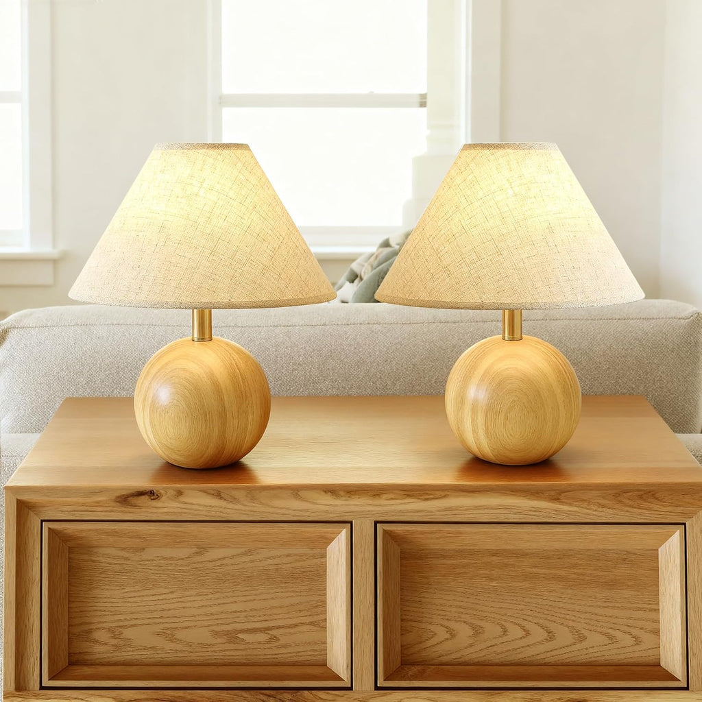 Table Lamp for Living Room,Wood Base Flaxen Fabric Shade Desk Lamp for Bedroom,Small Décor Ambient Bedside Lamps for Night Stands,Led Bulb (Not Included) (2 Pack)