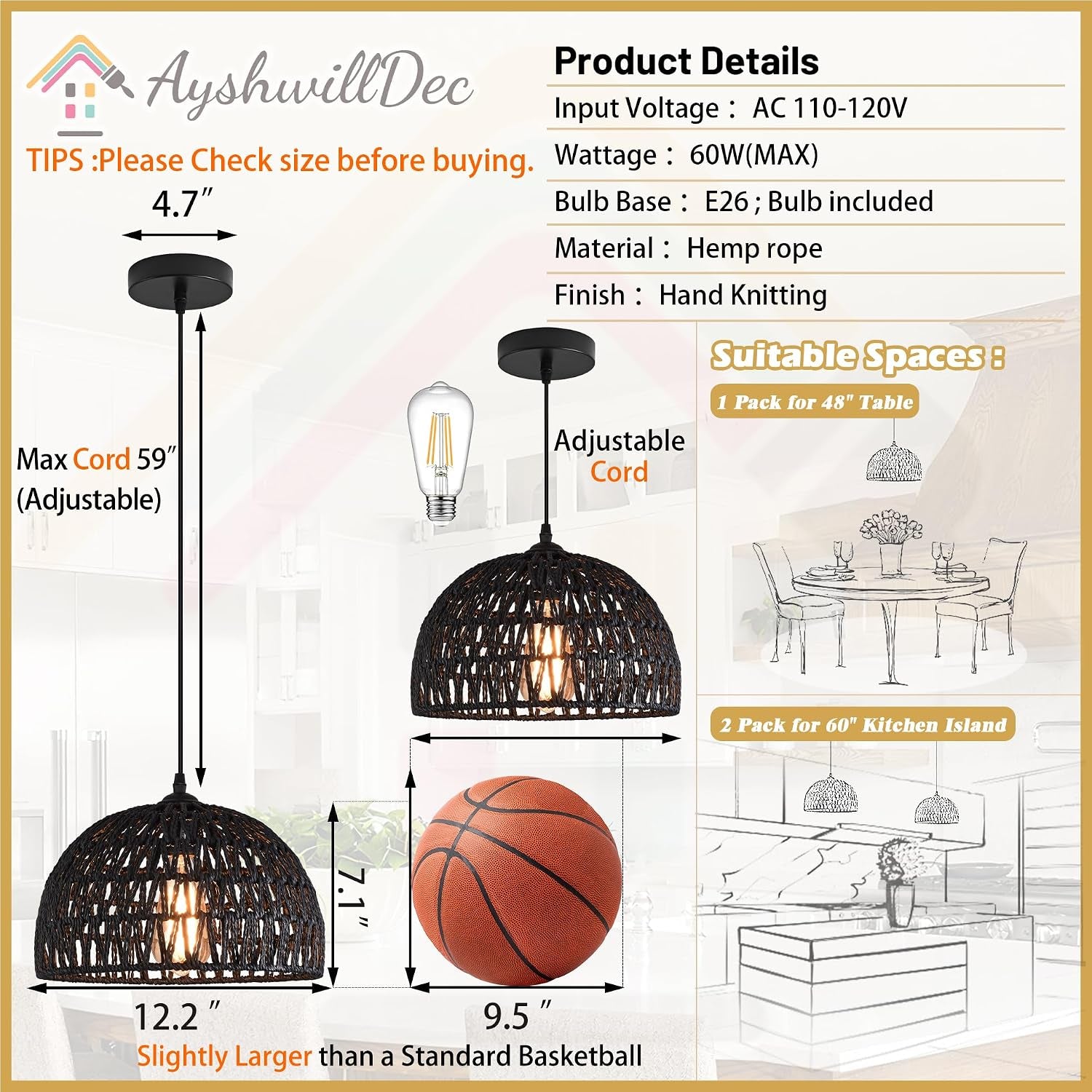 Black Woven Pendant Light Boho Chandelier Light Fixture Wicker Pendant Light Rattan Light Pendant Woven Light Fixture Dome Pendant Light for Dining Room Bedroom Kitchen Island (Bulb Incl)