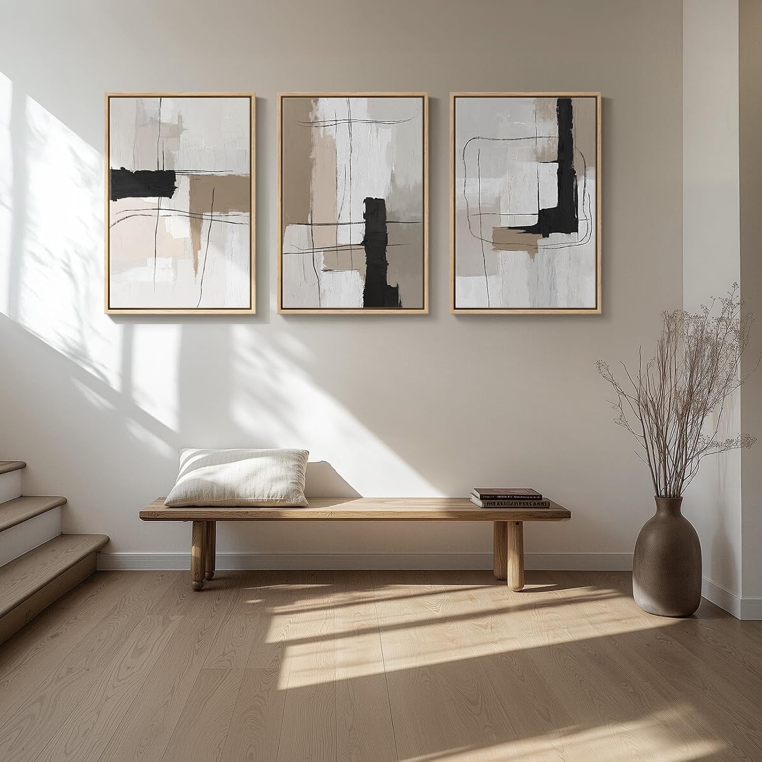 Large Framed Abstract Wall Art, Black and White Beige, 20X30 In, Set of 3 | Neutral Modern Pictures, Canvas Prints, Wood Frame, Minimalist Paintings, Wall Decor for Living Room Bedroom Dining Room