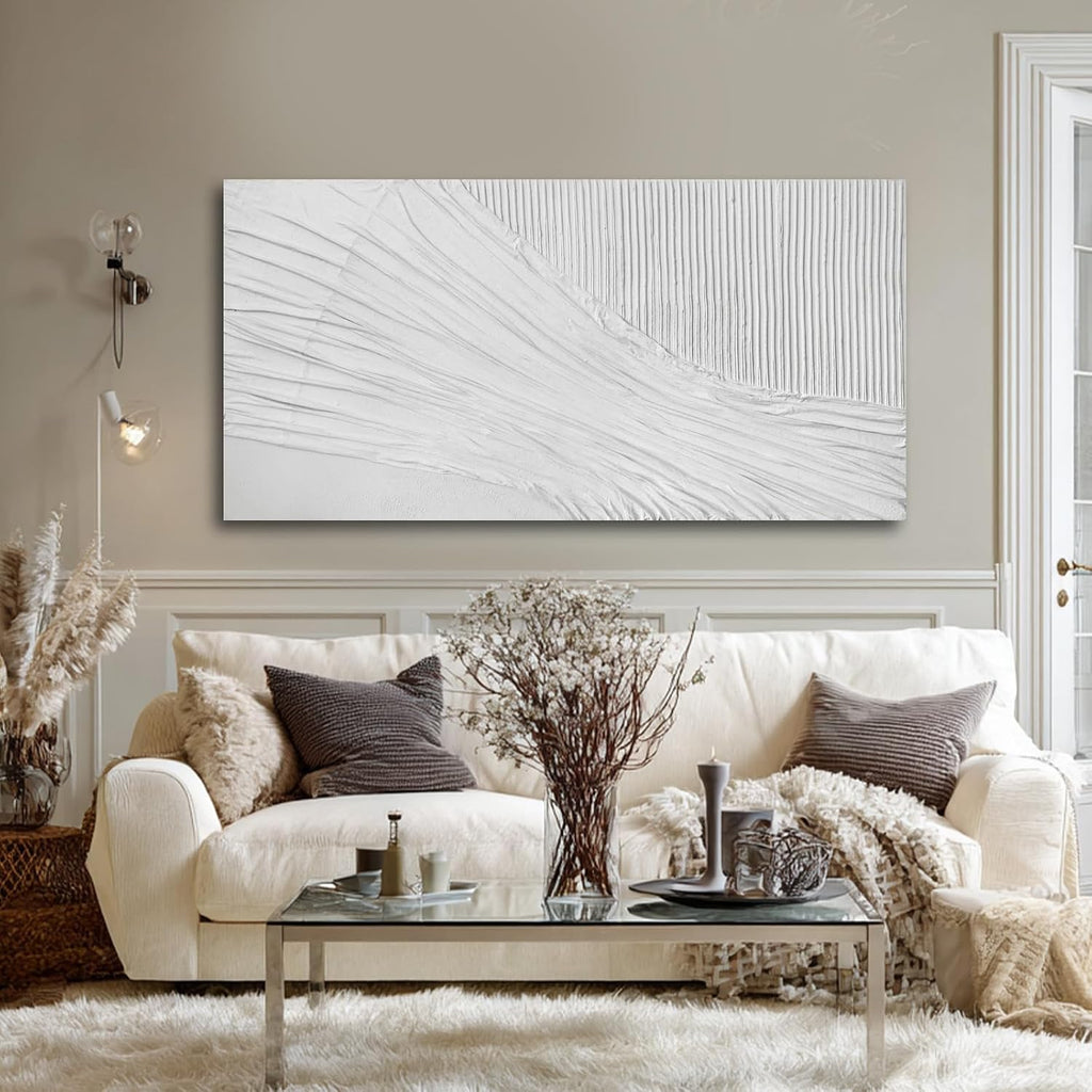 White Textured Abstract Wall Art Canvas 24X48 Inch, Hand Painted Modern Wall Art, Minimalist Neutral Wall Decor, Canvas Wall Art for Living Room Bedroom, Gallery Wrapped Ready to Hang