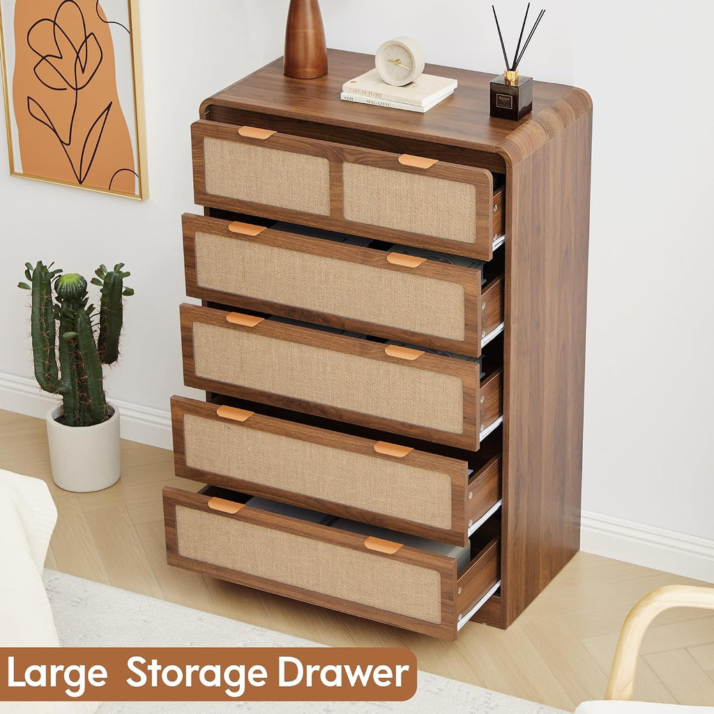 43" Tall 5 Drawer Dresser for Bedroom, Modern Wood Dresser, Walnut | Wooden Tall Dresser, Mid Century Modern Dresser with Natural Linen, Curved Wood Chest of Drawers for Living Room, Hallway