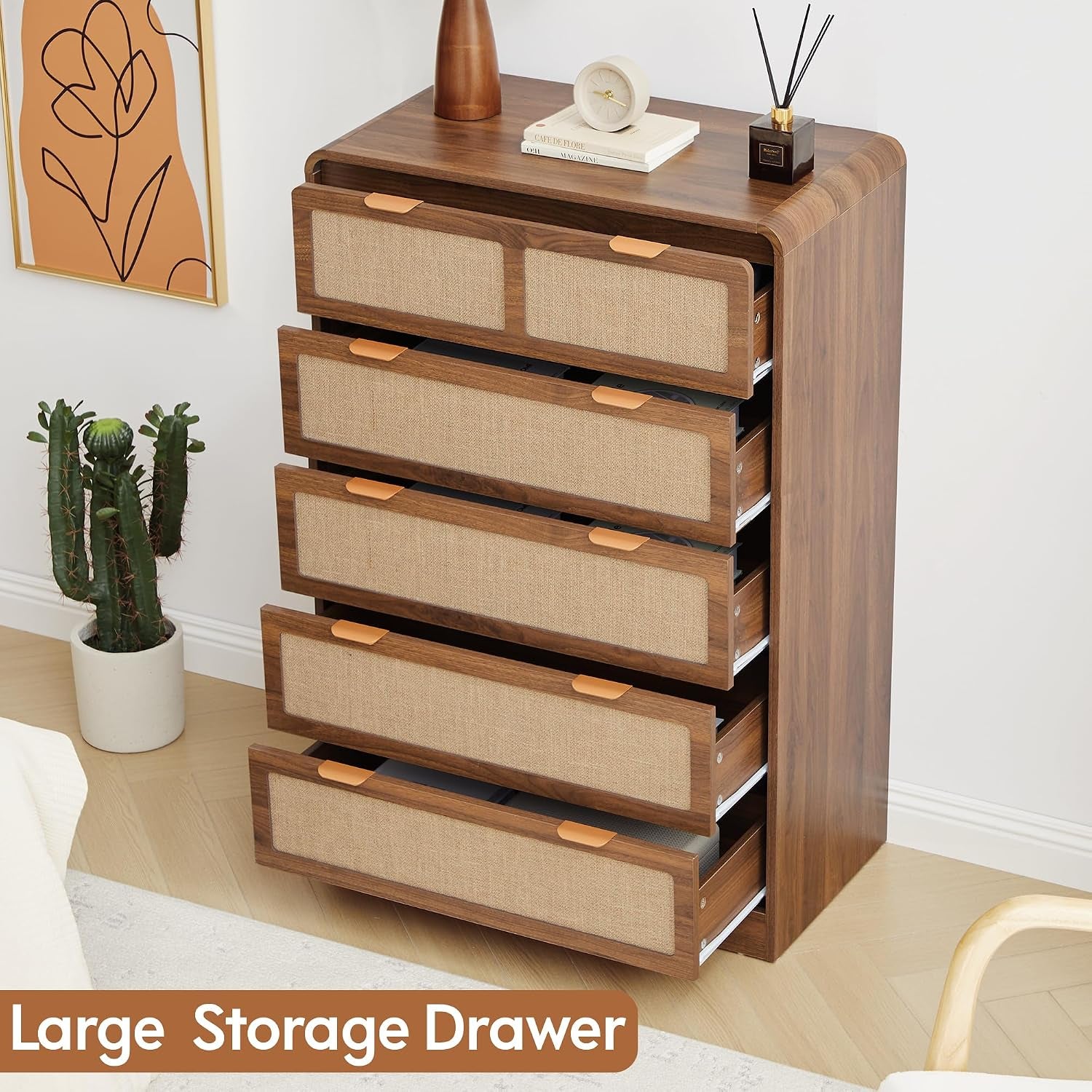 43" Tall 5 Drawer Dresser for Bedroom, Modern Wood Dresser, Walnut | Wooden Tall Dresser, Mid Century Modern Dresser with Natural Linen, Curved Wood Chest of Drawers for Living Room, Hallway