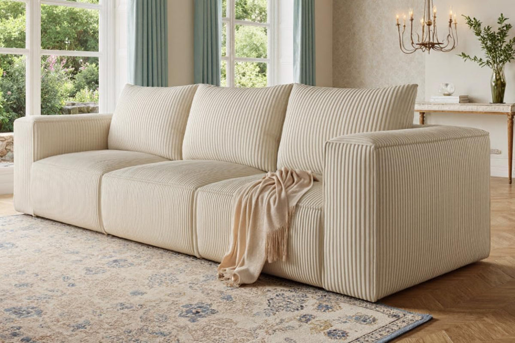 Oversized Deep Modular Sectional Sofa, 3-Seat Couch with 3 Pillows | Corduroy Sectional Couches for Living Room, Apartment, Office, Hotel, Bedroom, No Assembly Needed, Milky White
