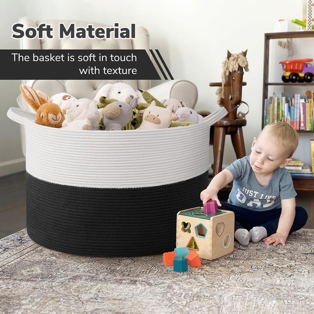 115L Extra Large Woven Rope Blanket Basket Living Room Whiteblack | 23.6" X 15.7" Storage Baskets for Toys Laundry & Pillows. Fits Living Room, Bedroom or Nursery Décor. Soft-Touch with Handles