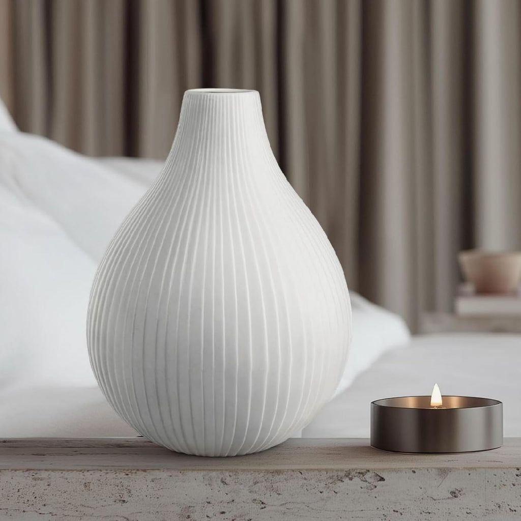 Modern Ceramic Decorative Table Lamp Living Room Bedroom Bedside | Handcrafted Unique Warm Ambient Lighting Lamp, Accent White Translucent Ceramic Shade, Fully Dimmable, Corded, Bulb Included