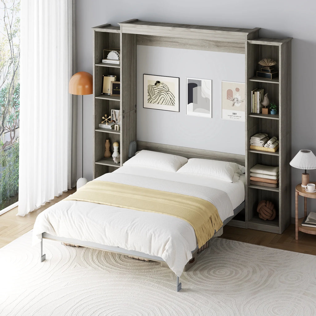 Queen Size Murphy Bed Cabinet in Grey with 5-Tier Storage Shelves, Foldable Platform Bed Wall Cabinet Bedframe for Small Space, Bedroom, Guest Room