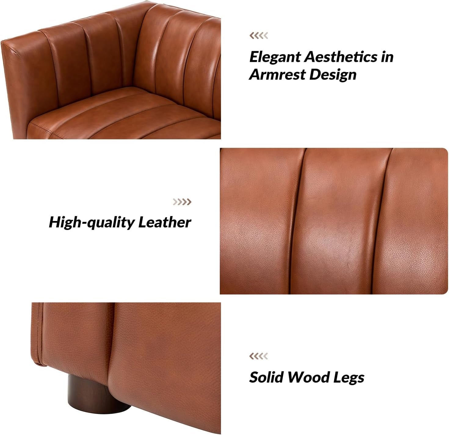 83" Genuine Leather Sofa with Channel Tufted Design, Brown | Modern 3-Seater Couch with Wood Legs, Supportive Seating, Easy Assembly, for Living Room Bedroom Apartment