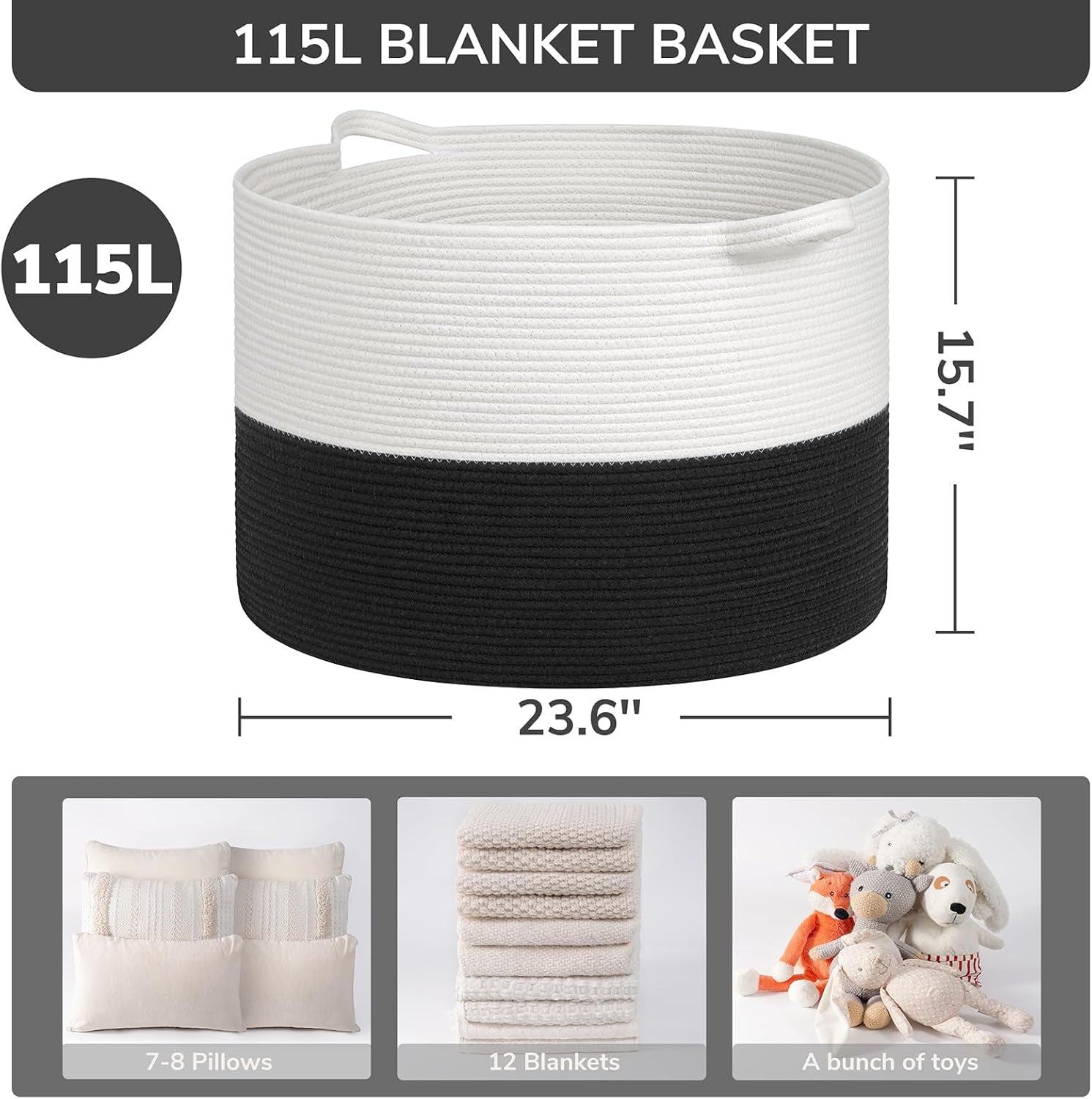 115L Extra Large Woven Rope Blanket Basket Living Room Whiteblack | 23.6" X 15.7" Storage Baskets for Toys Laundry & Pillows. Fits Living Room, Bedroom or Nursery Décor. Soft-Touch with Handles