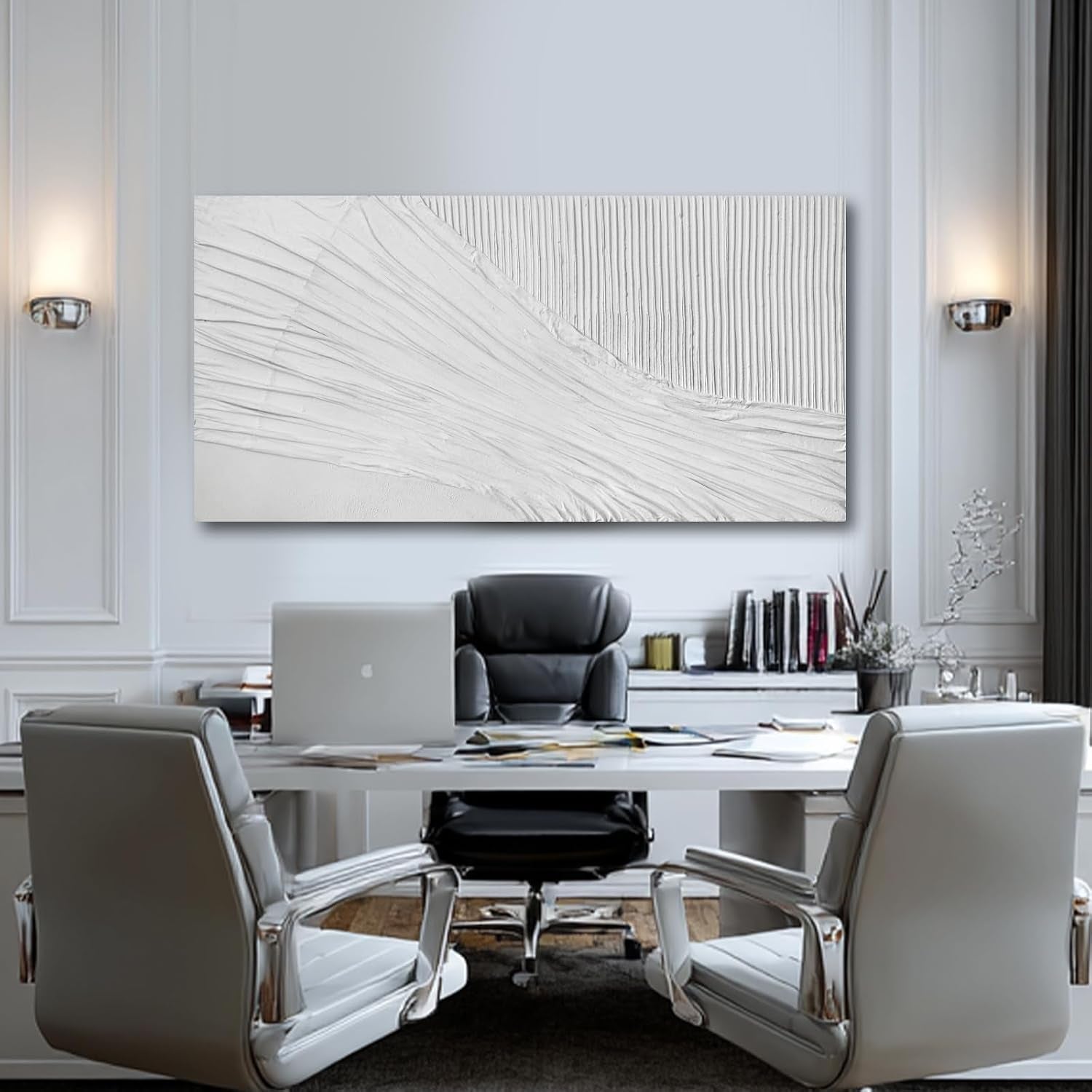 White Textured Abstract Wall Art Canvas 24X48 Inch, Hand Painted Modern Wall Art, Minimalist Neutral Wall Decor, Canvas Wall Art for Living Room Bedroom, Gallery Wrapped Ready to Hang