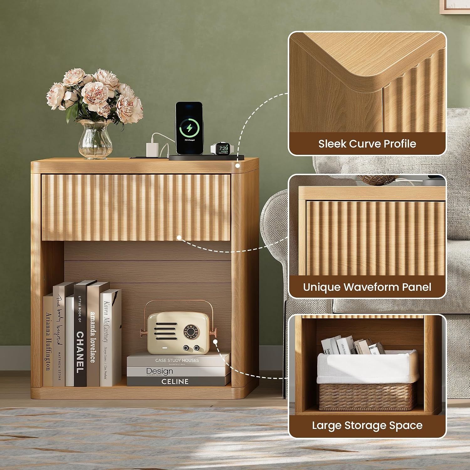 Fluted Nightstand Set of 2 with Charging Station, 21.7" Wide Modern Bedside Table with 1 Drawers Open Storage Cabinet, Wooden End Table for Bedroom, Natural Oak