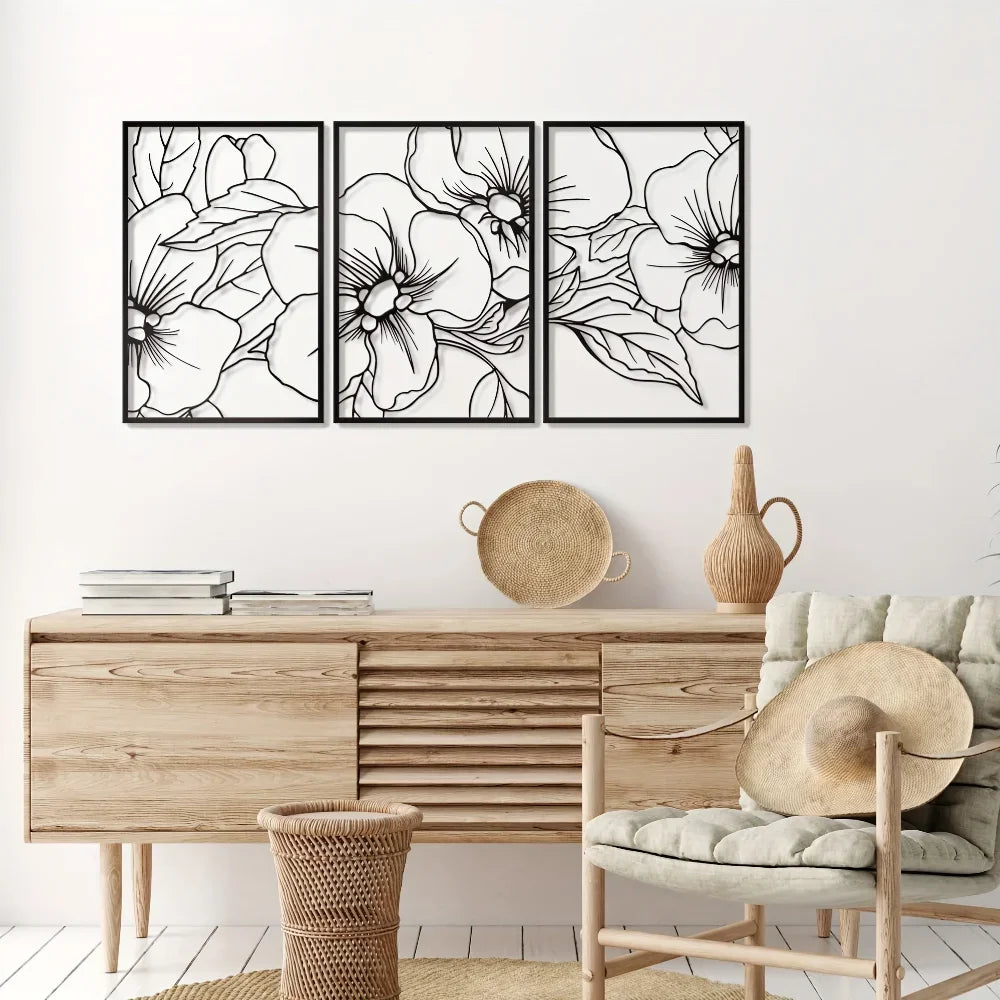 3 Packs Minimalist Black Floral Metal Wall Art - Elegant Home Decor Accent,Wall Decoration,Wall Sticker,Iron Art,Wall Decoration