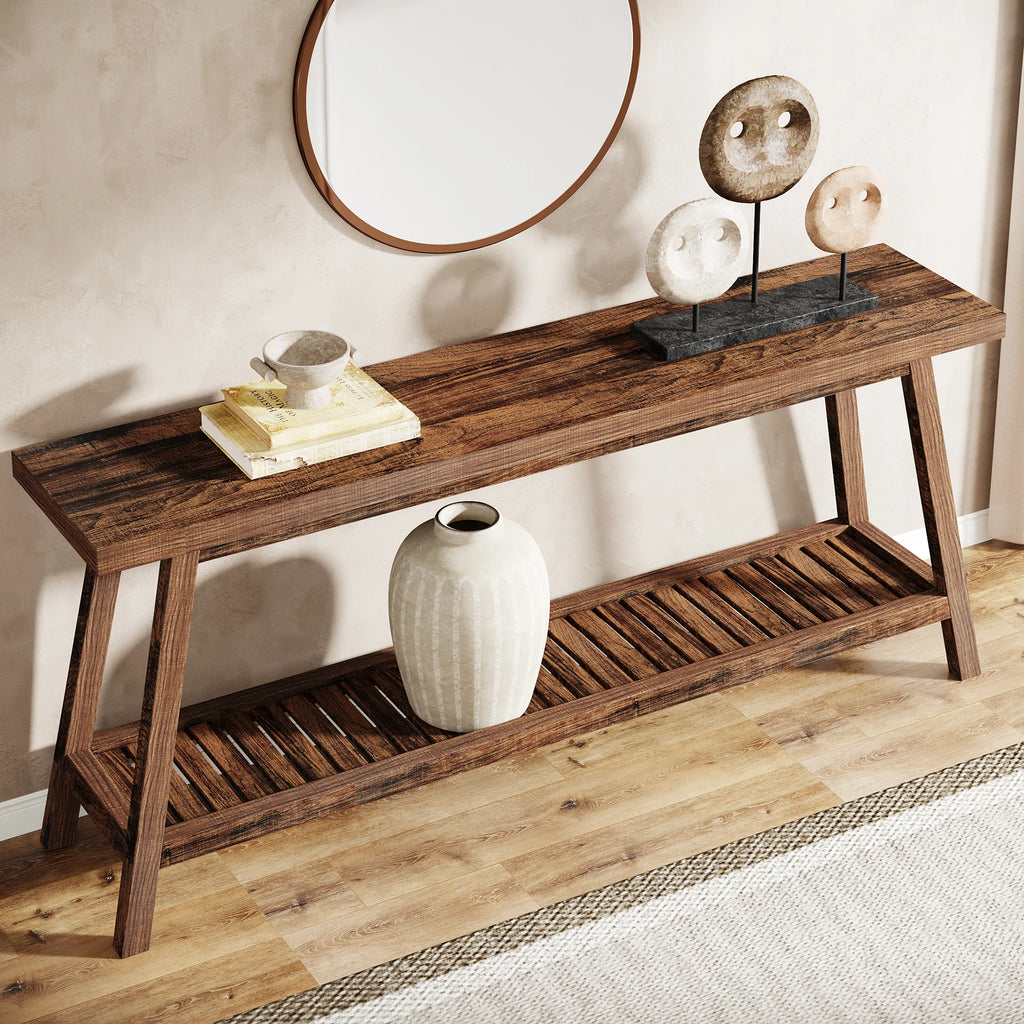 Farmhouse Console Entryway Table: 70.9 Inches All Wood Console Table for Entrance, 2 Tiers Narrow Long behind Couch S
