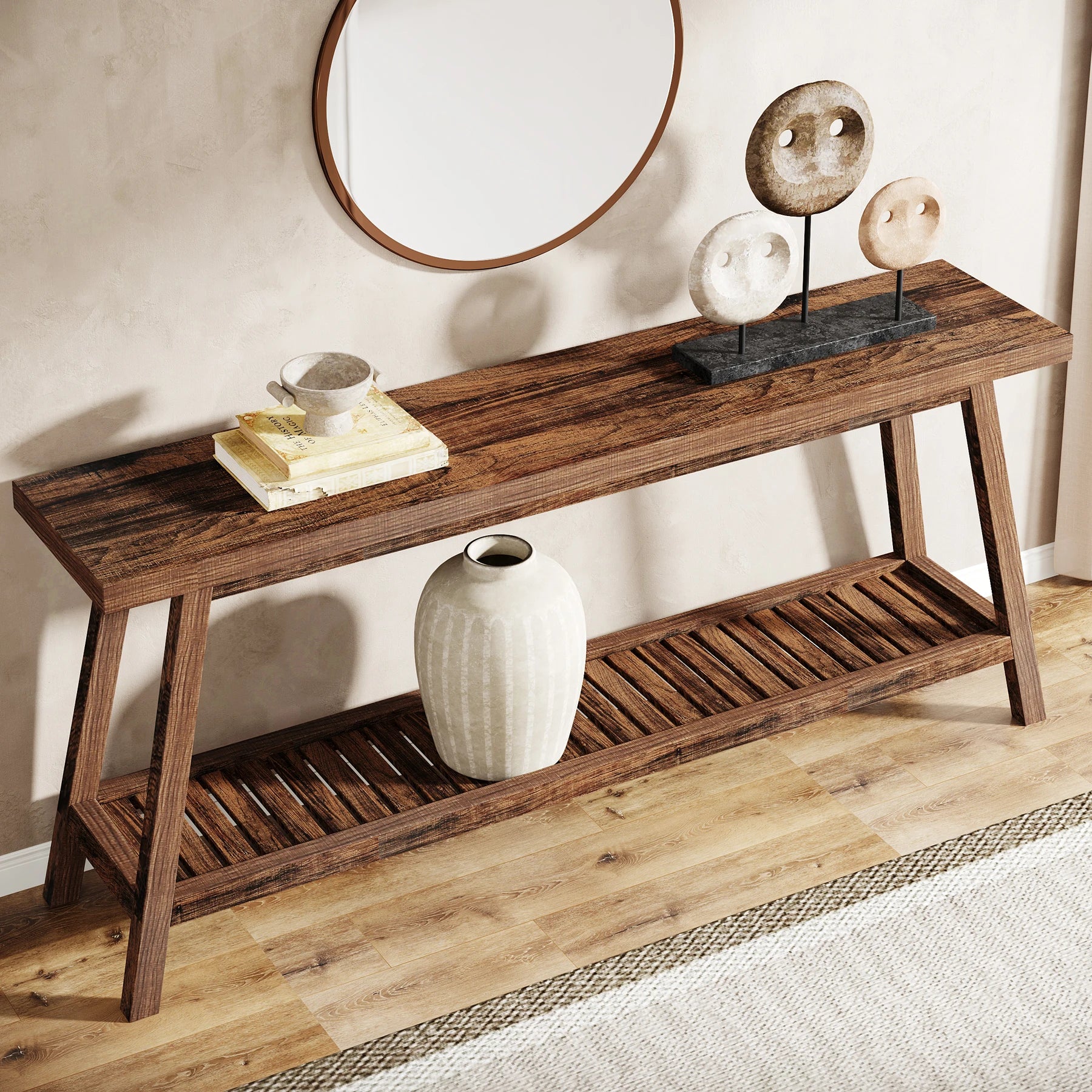 Farmhouse Console Entryway Table: 70.9 Inches All Wood Console Table for Entrance, 2 Tiers Narrow Long behind Couch S