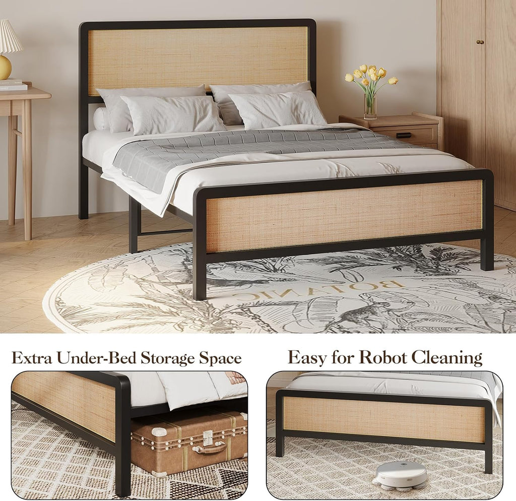 Boho Rattan Queen Size Bed Frame with Headboard & Footboard, Sturdy Black Metal Platform Bed, Natural Rattan Headboard, Under-Bed Storage, No Box Spring Needed, Noise-Free Slat