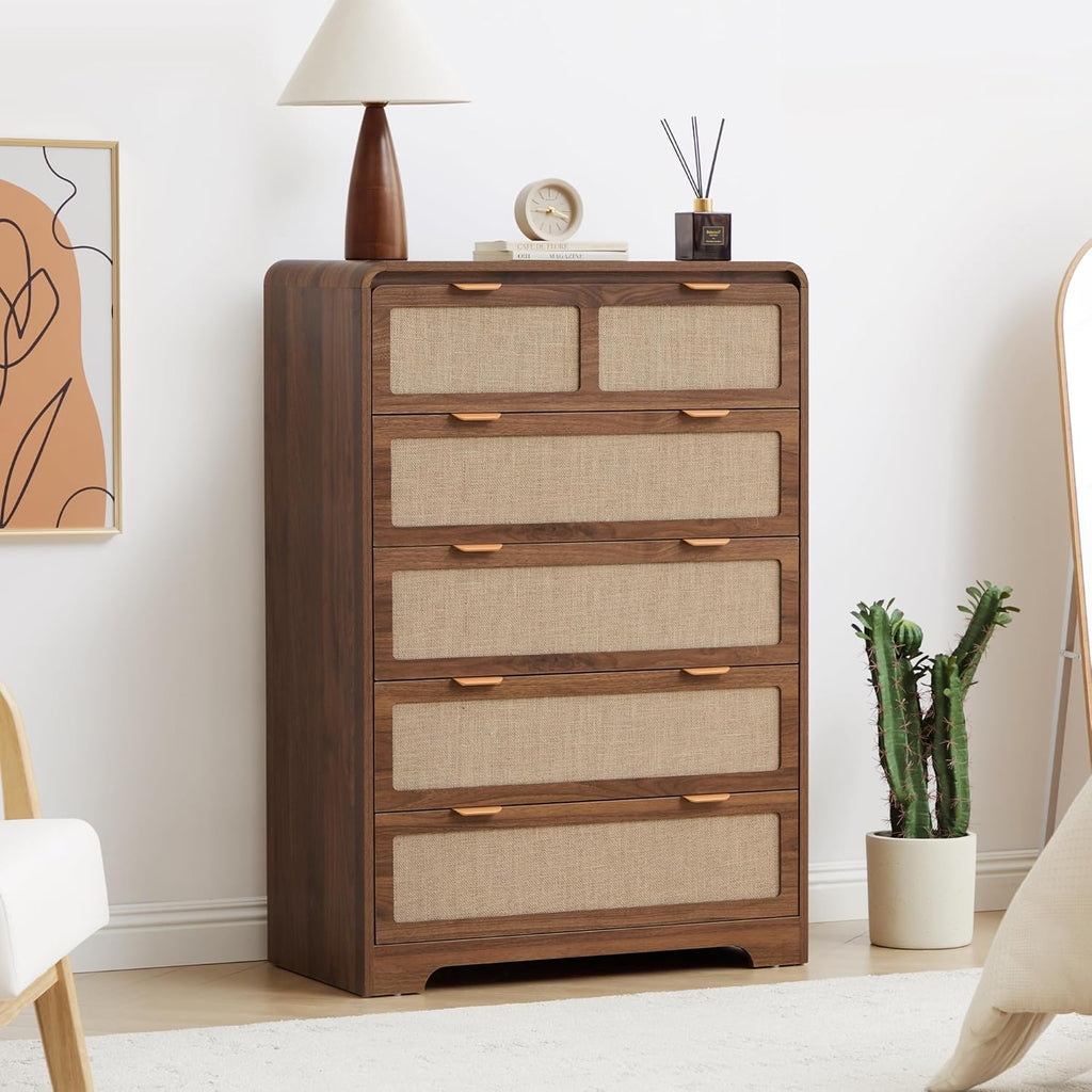 43" Tall 5 Drawer Dresser for Bedroom, Modern Wood Dresser, Walnut | Wooden Tall Dresser, Mid Century Modern Dresser with Natural Linen, Curved Wood Chest of Drawers for Living Room, Hallway