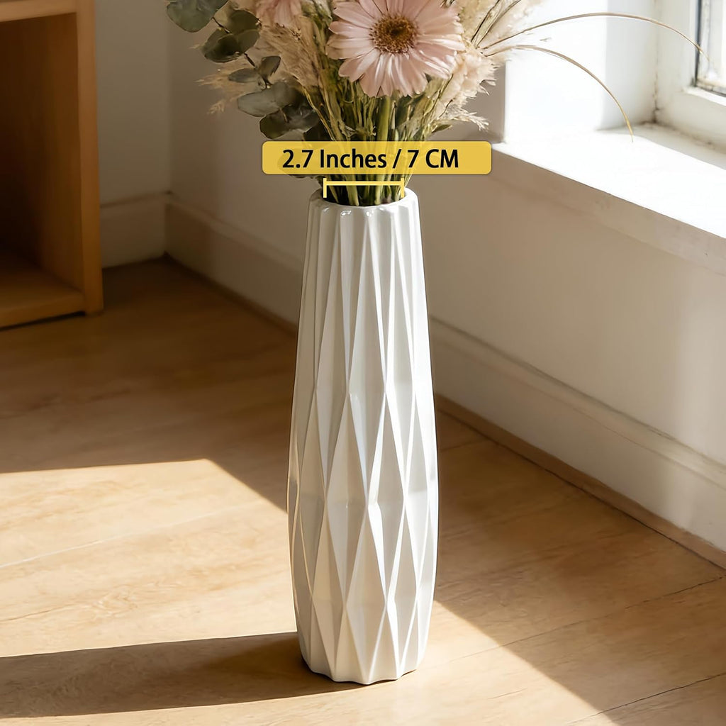 White Tall Ceramic Floor Vase, 15.7 Inch, Ribbed Design | Glossy Glazed Finish, Narrow Corners, Entryway, Bedroom, Compact Spaces