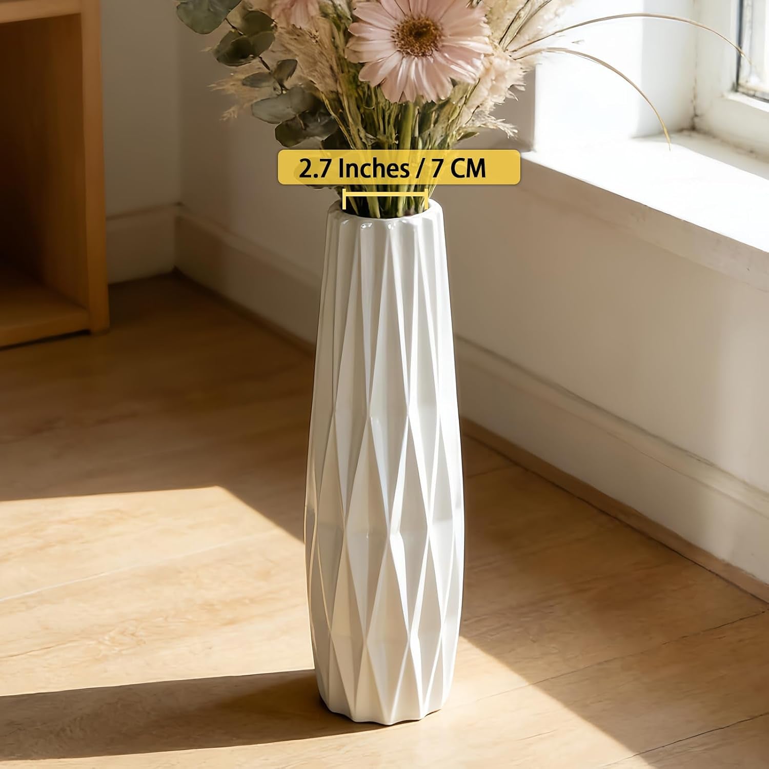 White Tall Ceramic Floor Vase, 15.7 Inch, Ribbed Design | Glossy Glazed Finish, Narrow Corners, Entryway, Bedroom, Compact Spaces