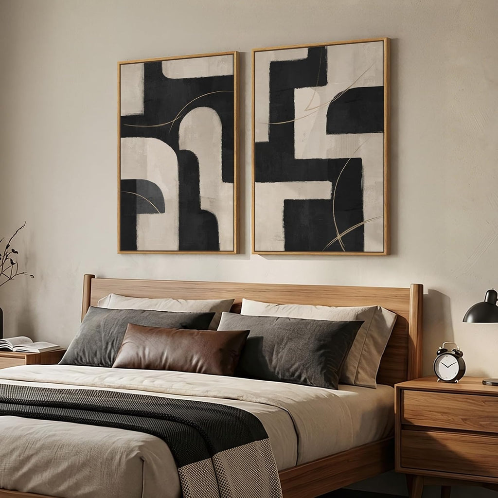 Large Framed Neutral Black and Beige Abstract Wall Art Set of 2, 24X36 in | 2 Piece, Canvas Prints, Black Beige Paintings, Modern Minimalist Artwork, Geometric Pictures, Living Room Bedroom Wall Decor