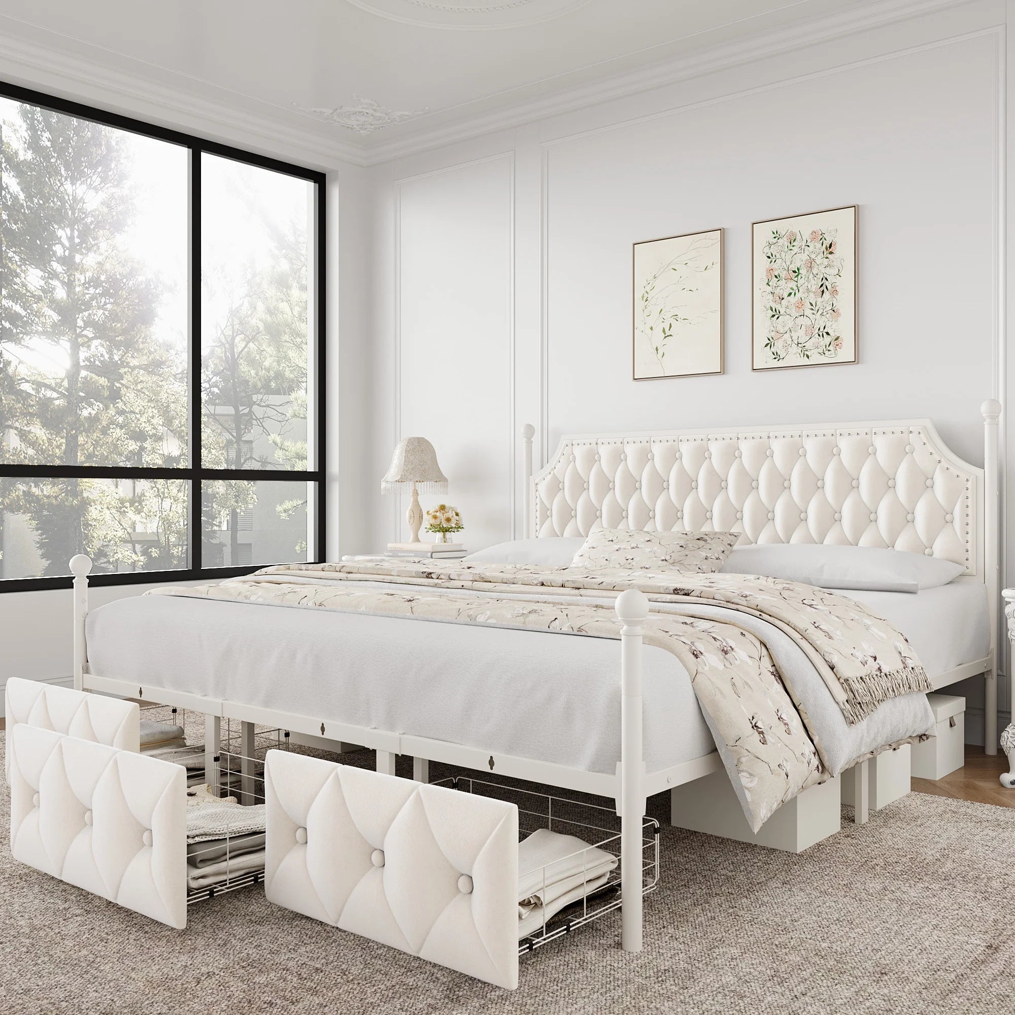 King Bed Frame with 3 Drawer, Canopy Bed Frame with Storage & Upholstered Headboard for Bedroom, Curtain Not Included, Beige