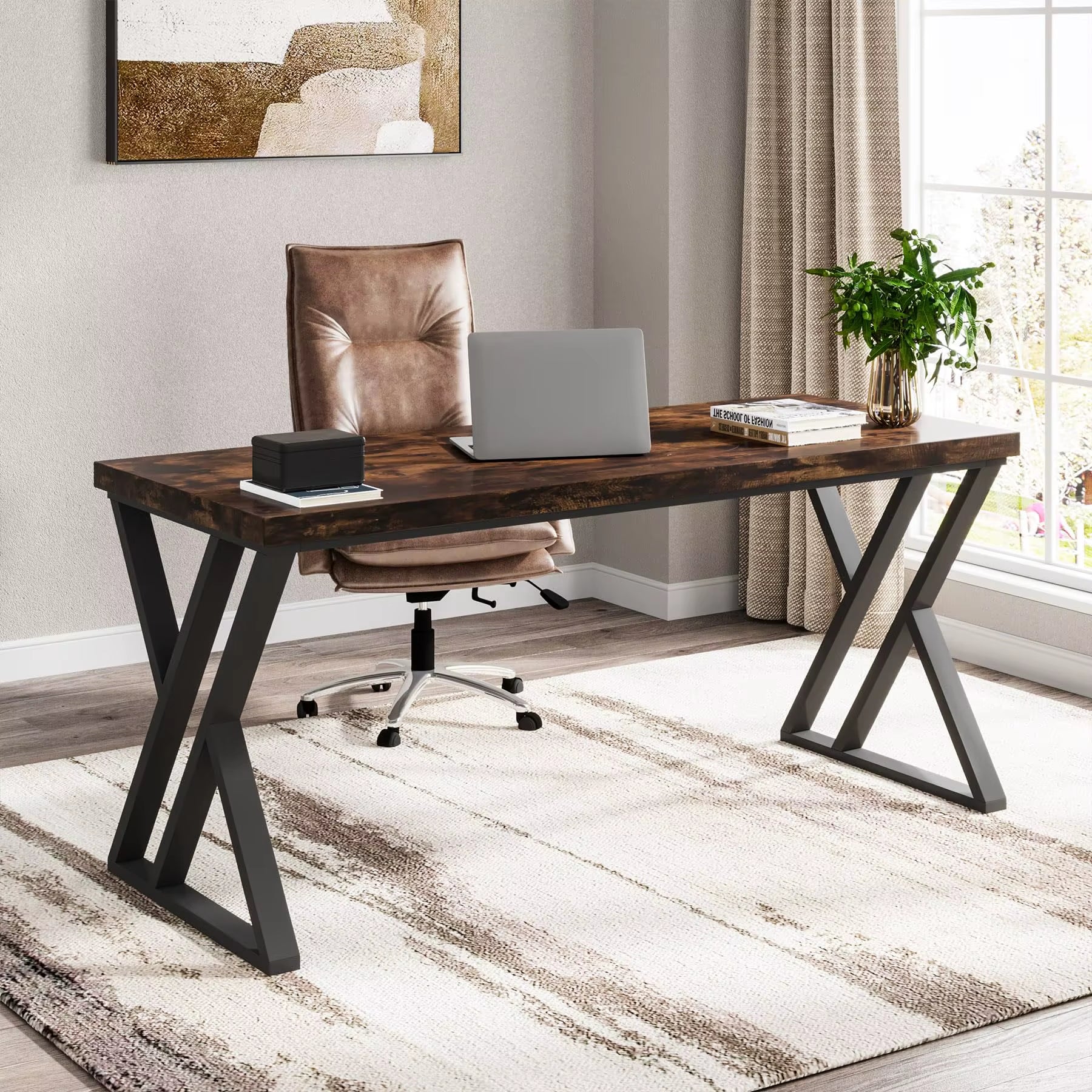 Writing Computer Desk, 55 Inch Heavy Duty Study Desk with Z-Shaped Metal Leg, Modern Simple Home Office Computer Desk