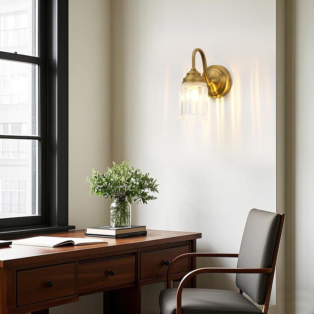 Vintage Wall Sconce with Clear Bell-Shaped Glass Shade Antique Gold Bathroom Sconce Wall Mount Light for Livingroom Bedroom,Hardwired,E26 Base