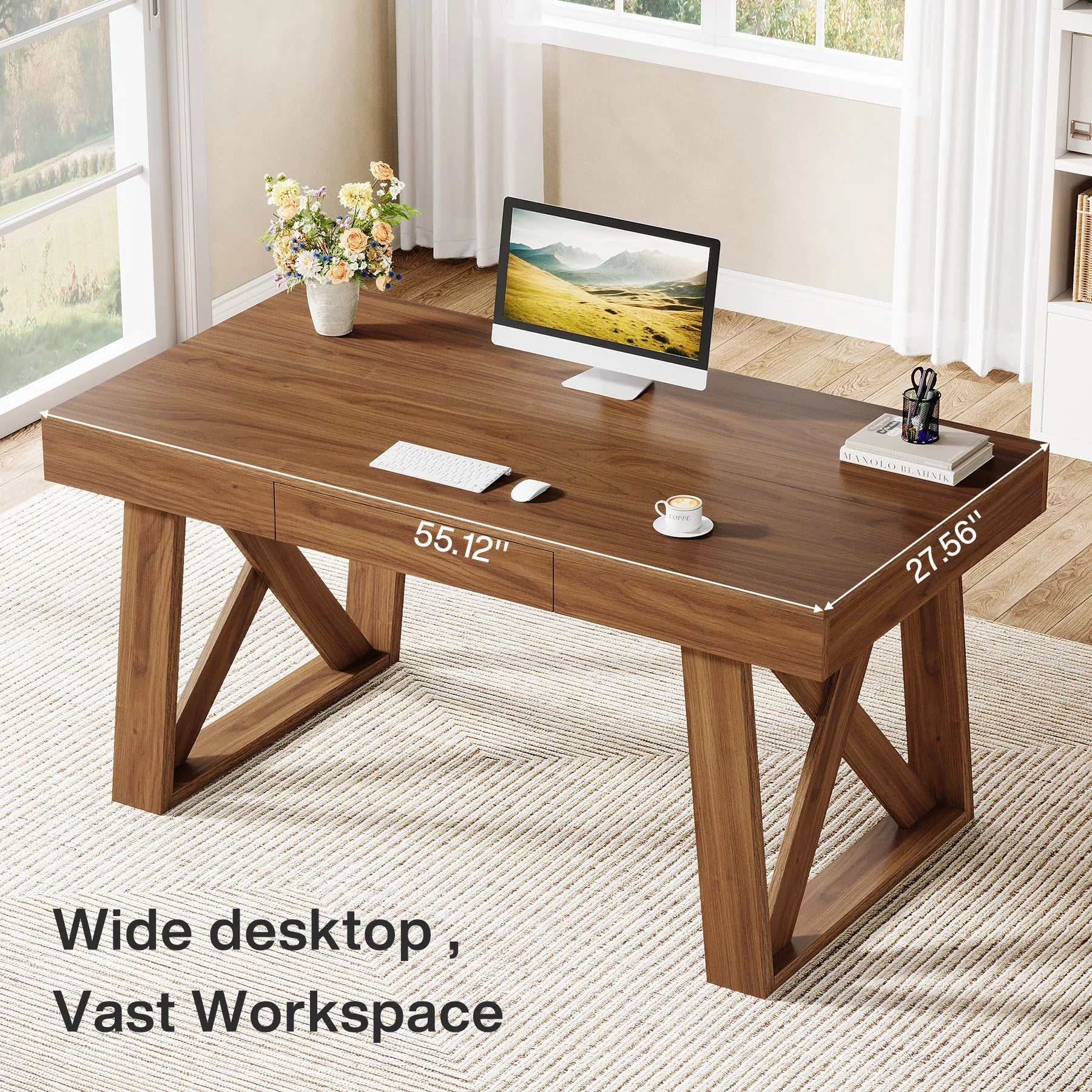 55 Inch Walnut Computer Desk with Drawer, Mid-Century Farmhouse Executive Desk, Rustic Wide Desktop Home Office Desk for Workstation