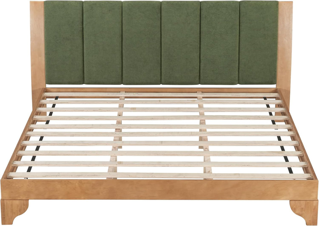 King Size Pine Wood Bed Frame with Headboard, Mid Century Modern Solid Wood Platform Bed Frame King, No Box Spring Needed, Green+Natural