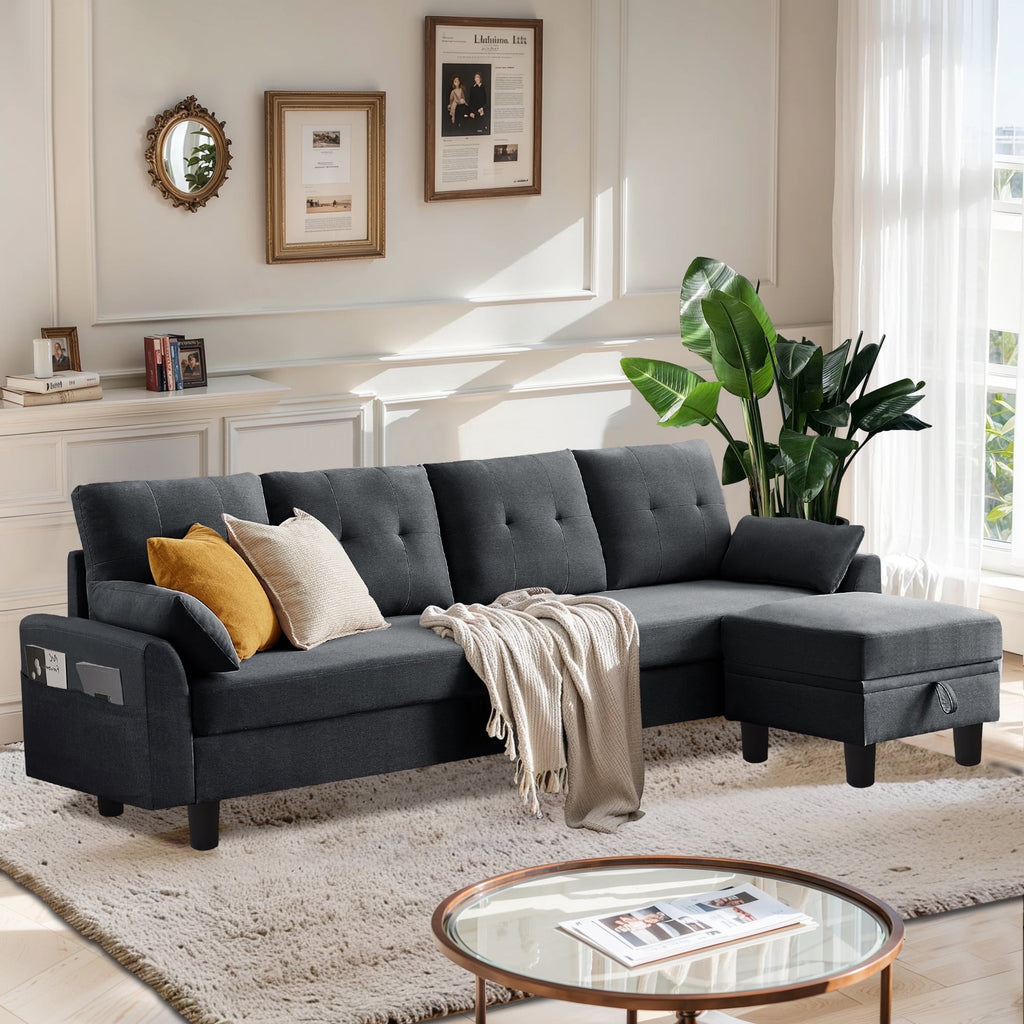 Modern Sectional Sofa with Reversible Chaise, Adjustable Backrest & Armrest, 4-Seat Convertible Couch