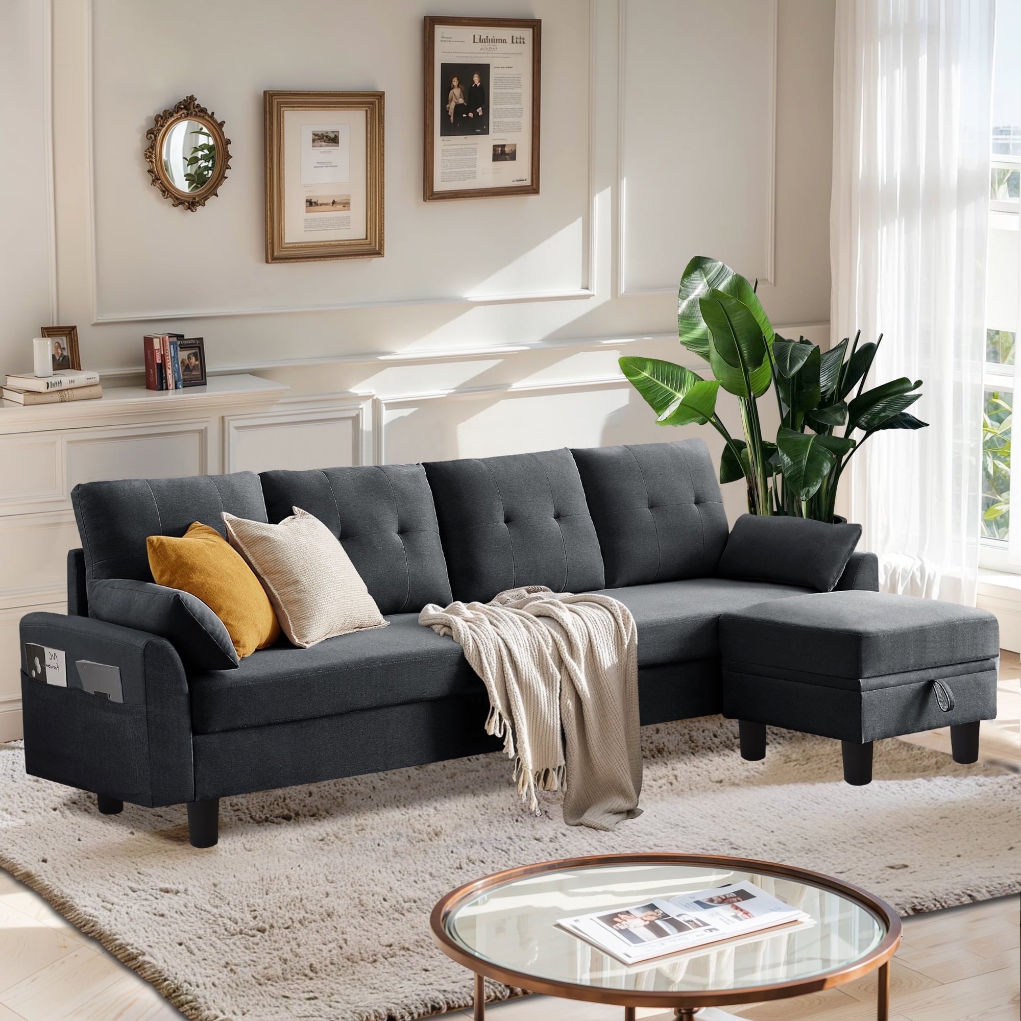Modern Sectional Sofa with Reversible Chaise, Adjustable Backrest & Armrest, 4-Seat Convertible Couch