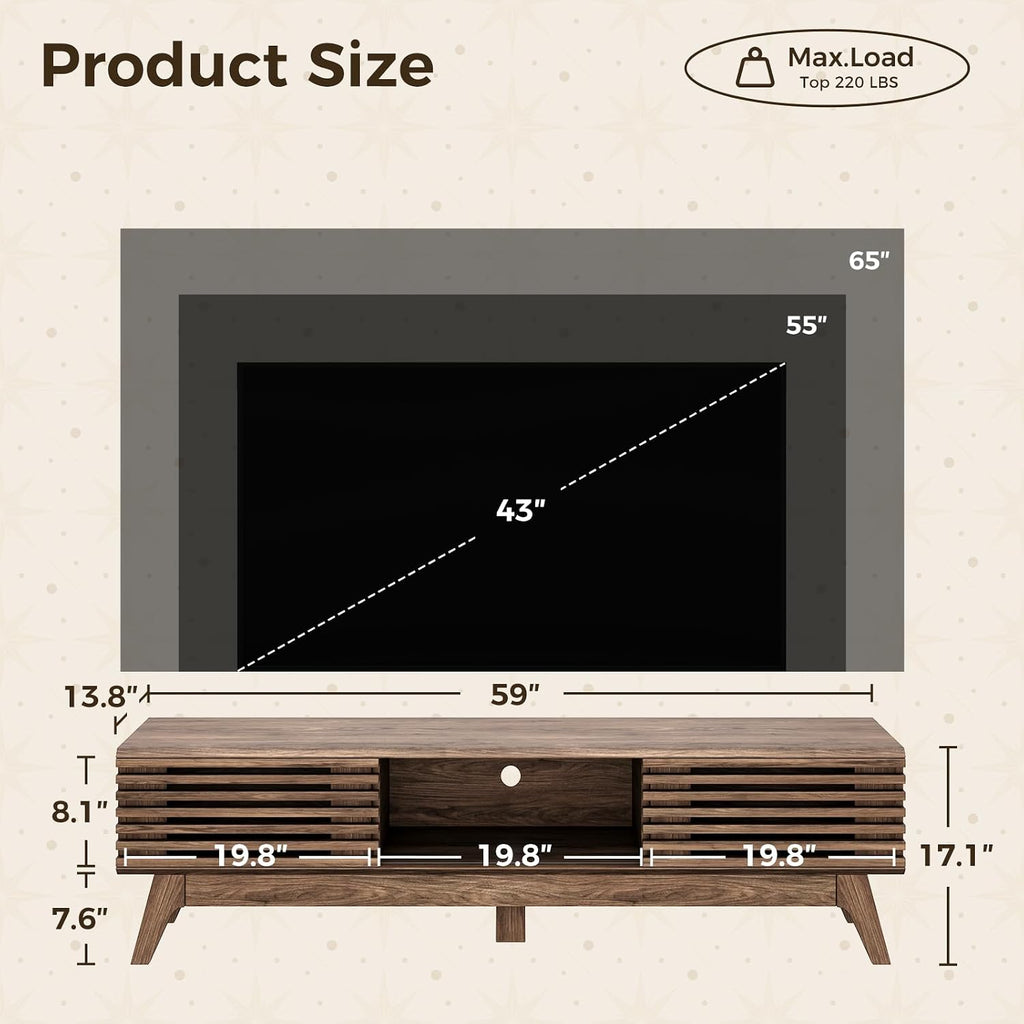 59" TV Stand, Media Console for Tvs up to 65", Walnut | Mid-Century Modern Design, Fluted Sliding Doors, Storage Cabinets, Cable Management, Media Console for Living Room, Bedroom