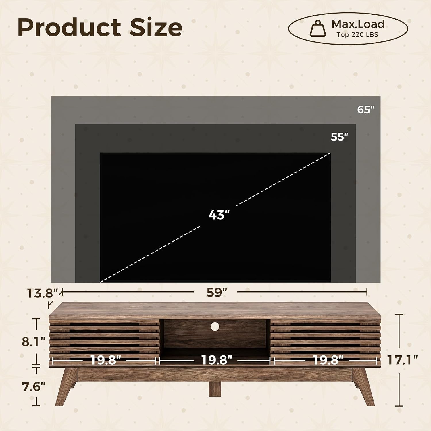 59" TV Stand, Media Console for Tvs up to 65", Walnut | Mid-Century Modern Design, Fluted Sliding Doors, Storage Cabinets, Cable Management, Media Console for Living Room, Bedroom