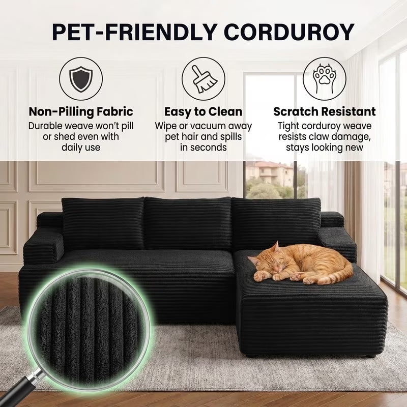 Black corduroy L shaped modular sectional