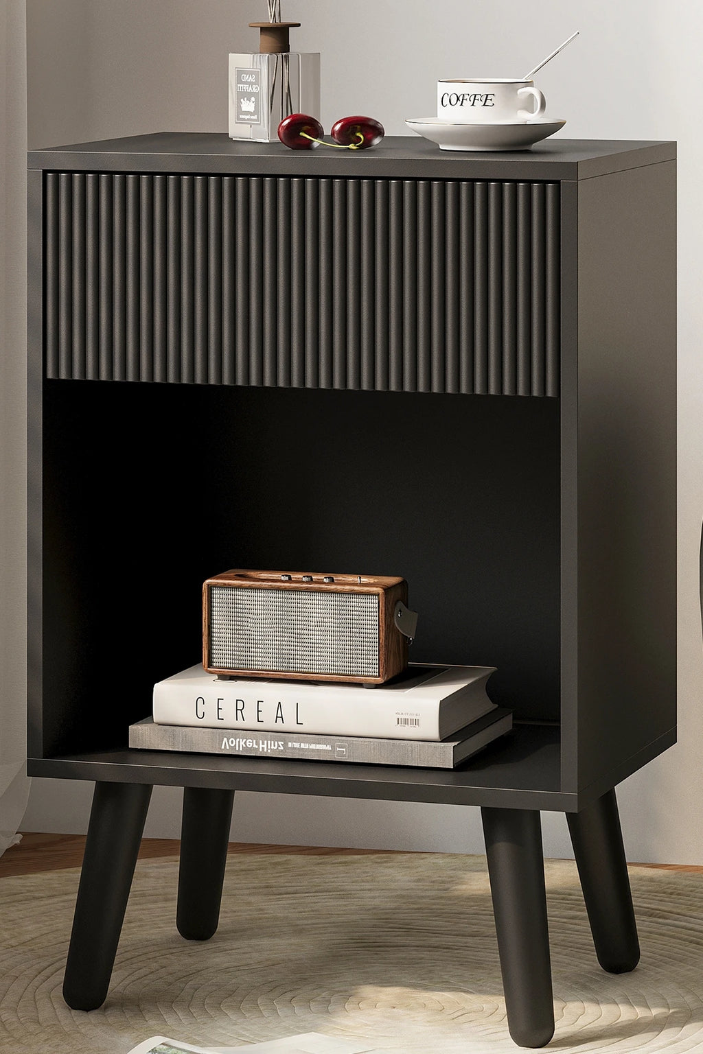 Aesthetic Fluted Nightstand Modern Bedside Table with Wood Drawer & Open Shelf | Mid-Century Room Decor