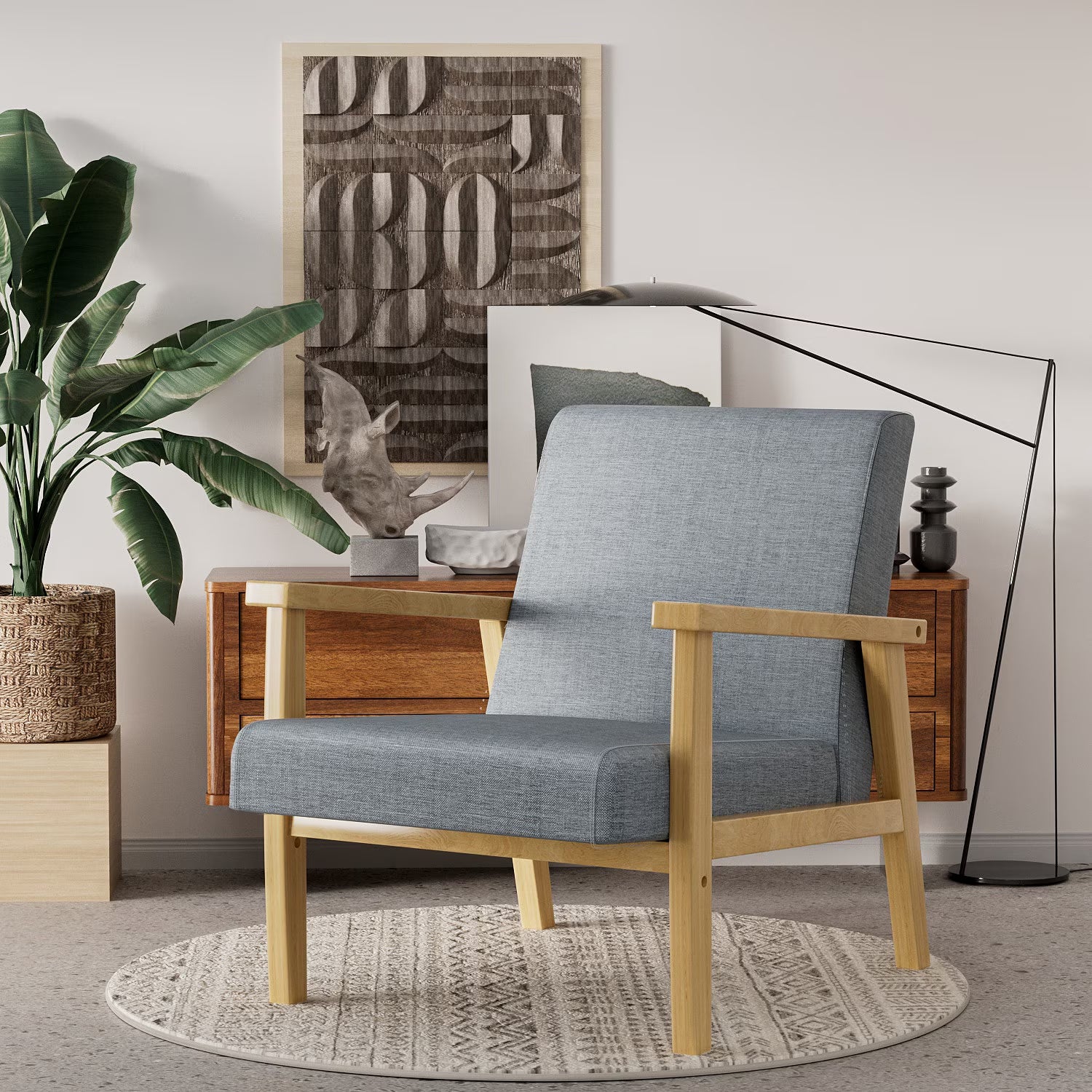 Modern Arm Chair Linen Fabric Upholstered Accent Chair with Solid Wood Frame Gray